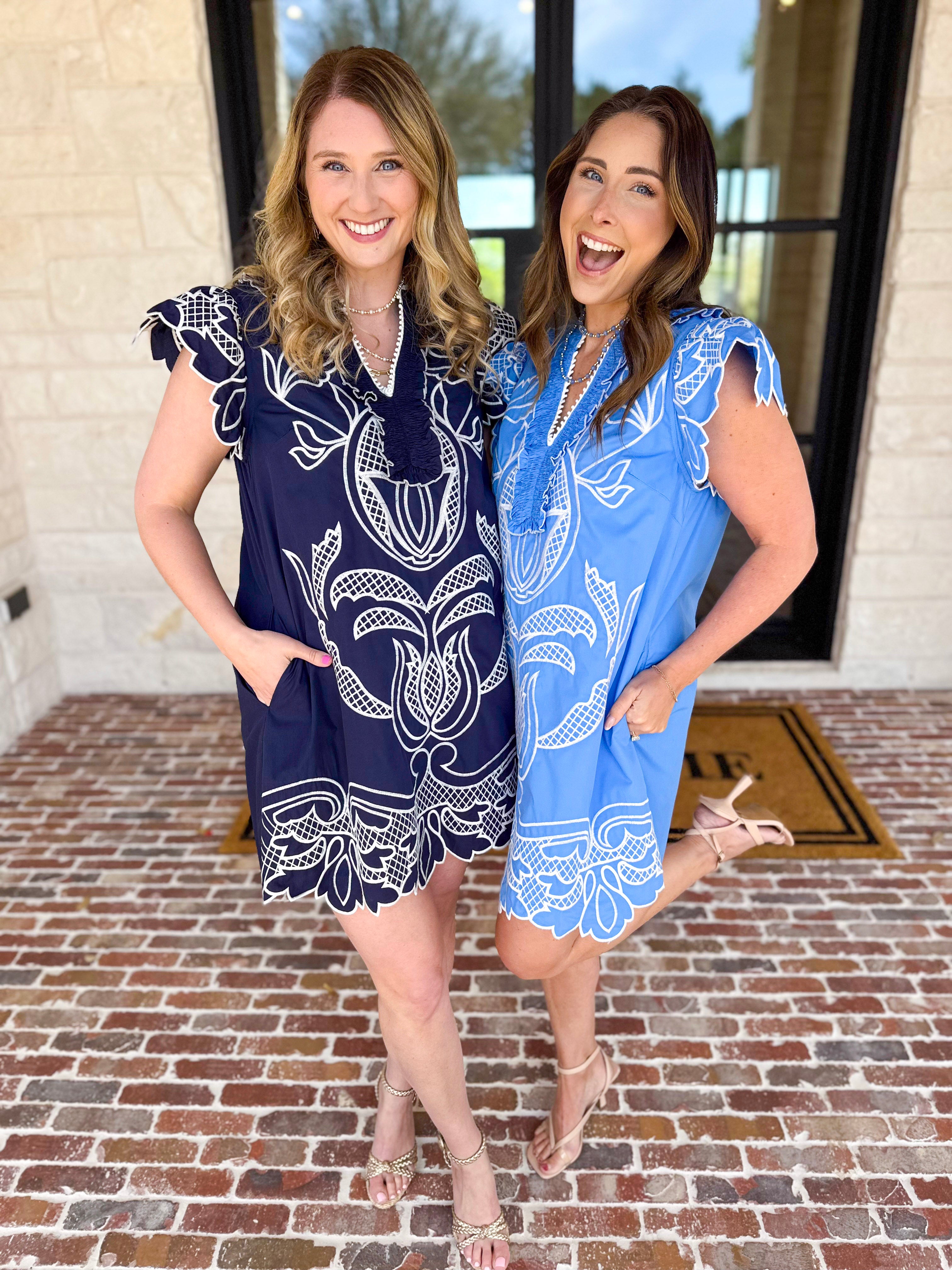 Bloom Embroidered Mini Dress - Light Blue-510 Mini-ENTRO-July & June Women's Fashion Boutique Located in San Antonio, Texas