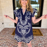 Bloom Embroidered Mini Dress - Navy-510 Mini-ENTRO-July & June Women's Fashion Boutique Located in San Antonio, Texas
