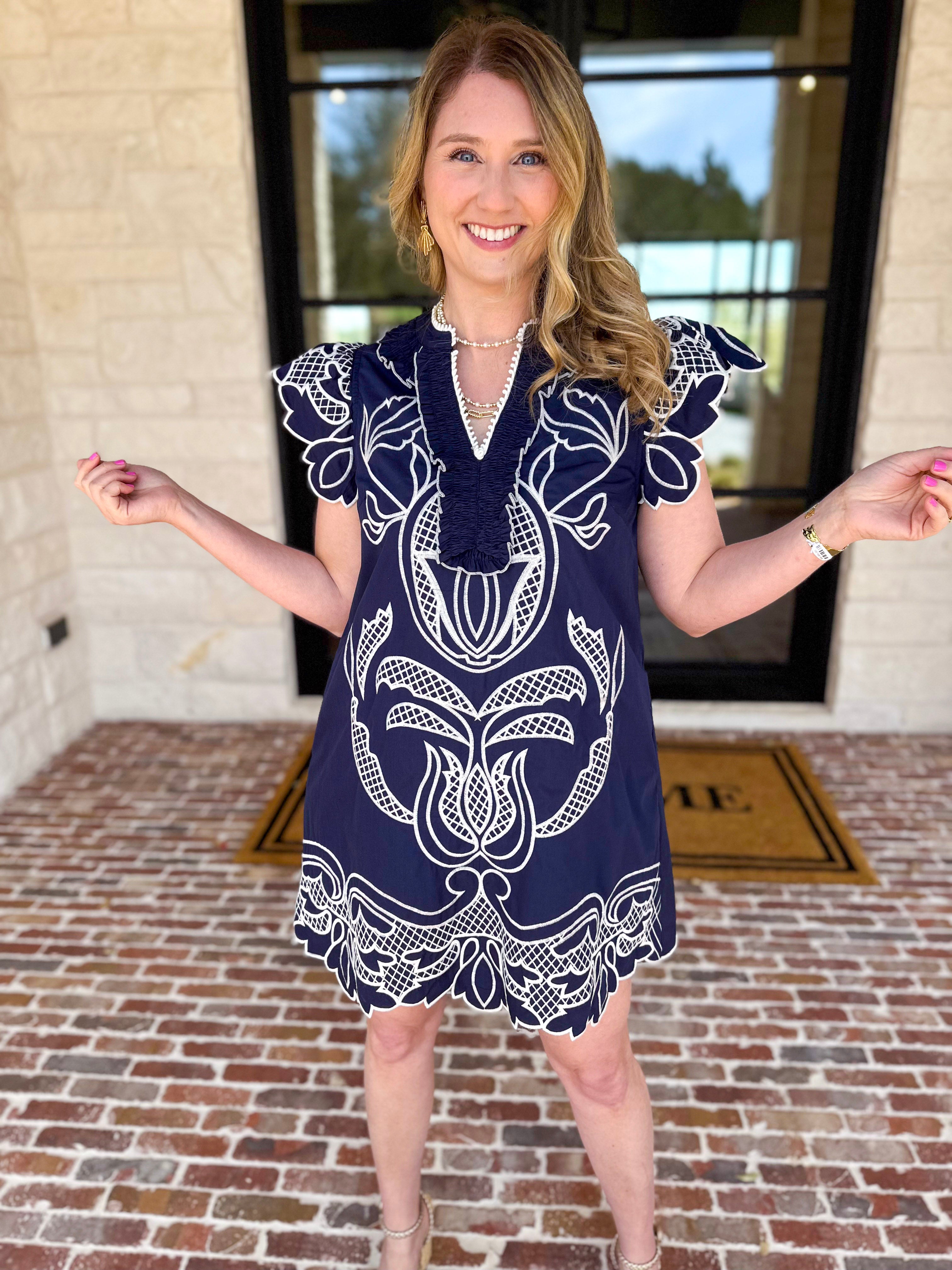 Bloom Embroidered Mini Dress - Navy-510 Mini-ENTRO-July & June Women's Fashion Boutique Located in San Antonio, Texas