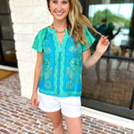 Current Air - Blue Tide Floral Blouse-200 Fashion Blouses-CURRENT AIR CLOTHING-July & June Women's Fashion Boutique Located in San Antonio, Texas