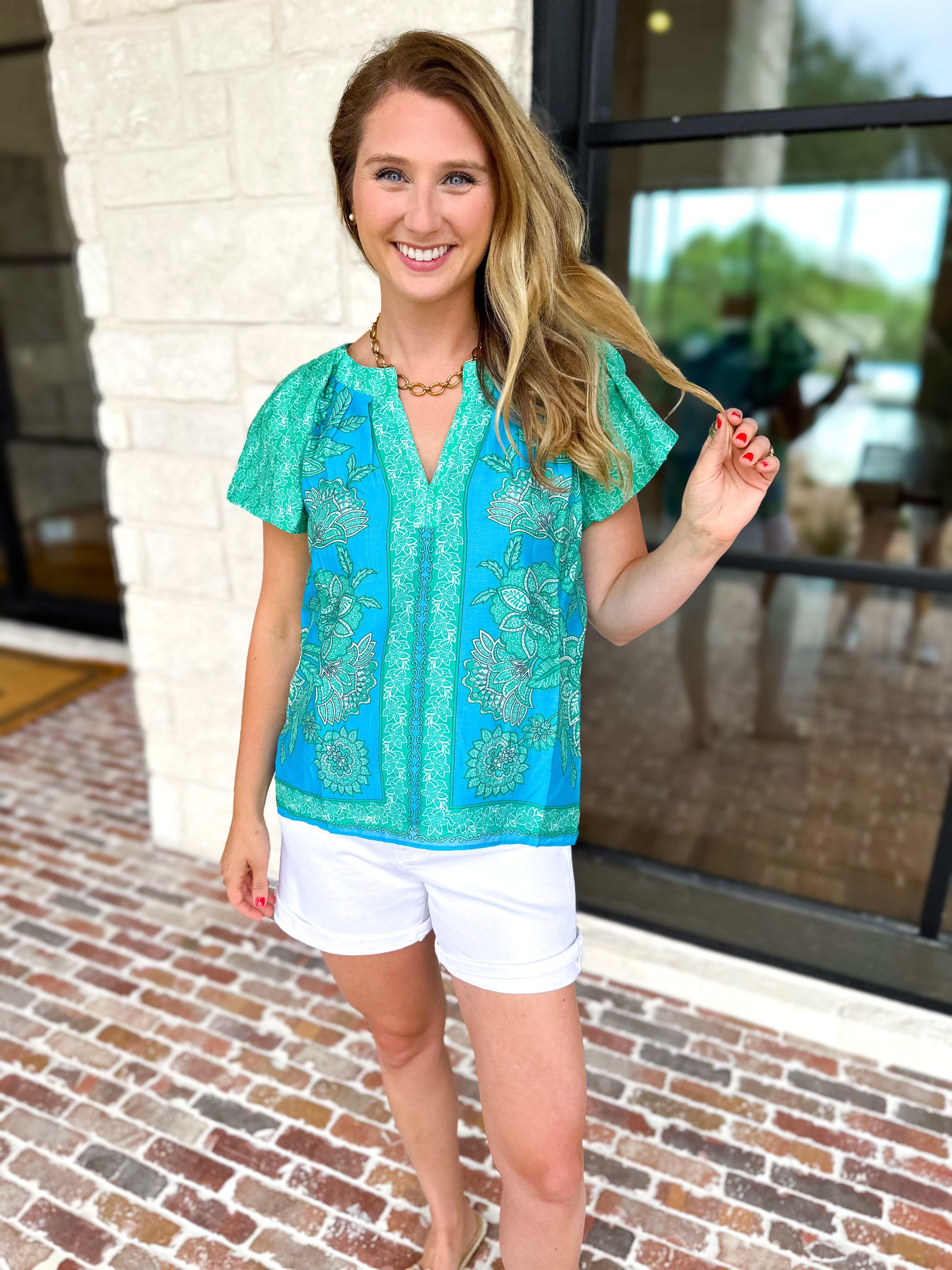 Current Air - Blue Tide Floral Blouse-200 Fashion Blouses-CURRENT AIR CLOTHING-July & June Women's Fashion Boutique Located in San Antonio, Texas