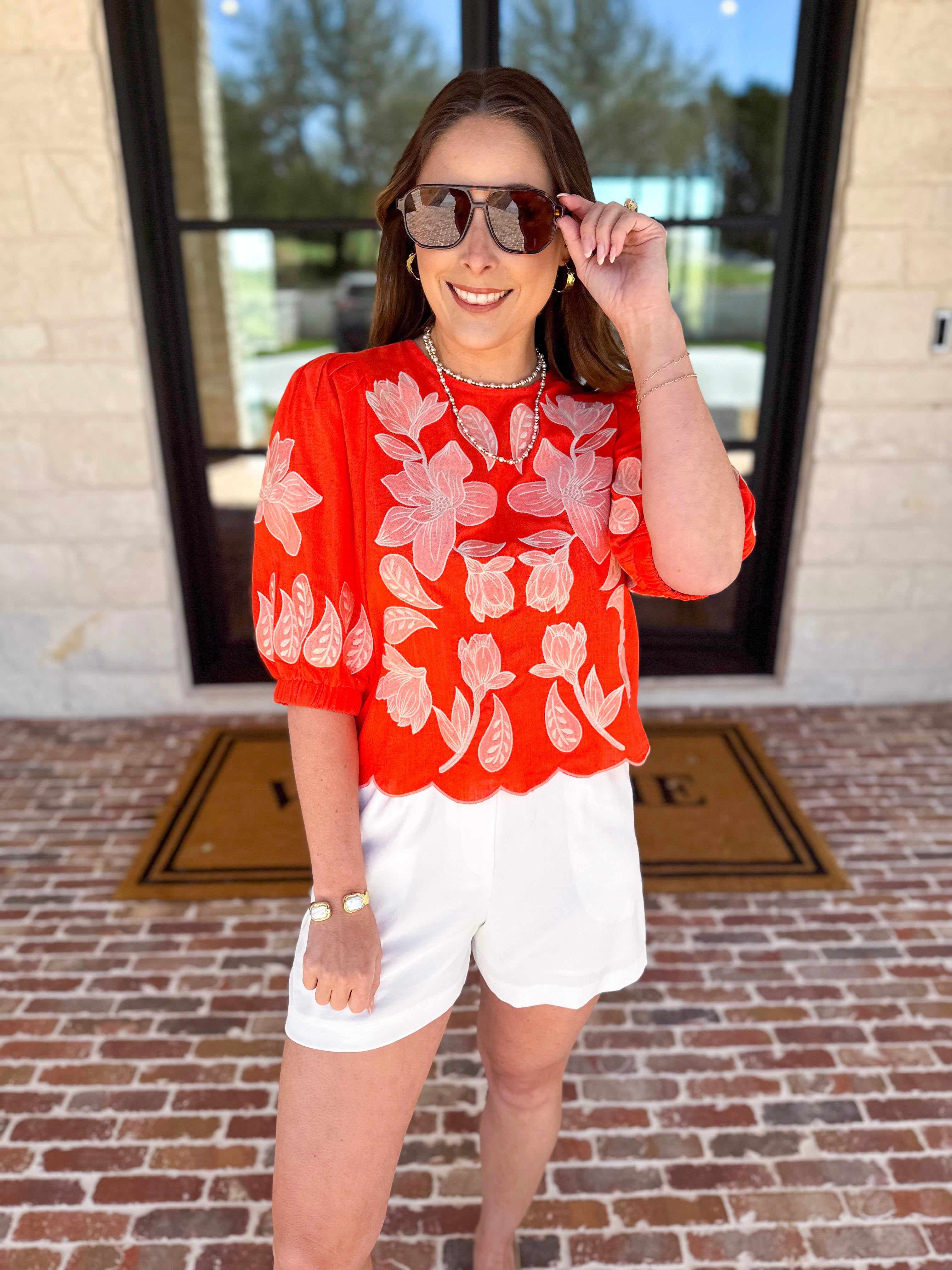 THML - Bold Orange Embroidered Blouse-200 Fashion Blouses-THML-July & June Women's Fashion Boutique Located in San Antonio, Texas