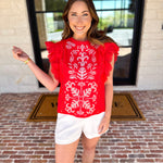 Tomato Red Embroidered Blouse-200 Fashion Blouses-FATE-July & June Women's Fashion Boutique Located in San Antonio, Texas