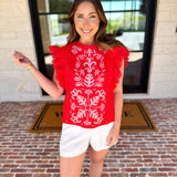 Tomato Red Embroidered Blouse-200 Fashion Blouses-FATE-July & June Women's Fashion Boutique Located in San Antonio, Texas