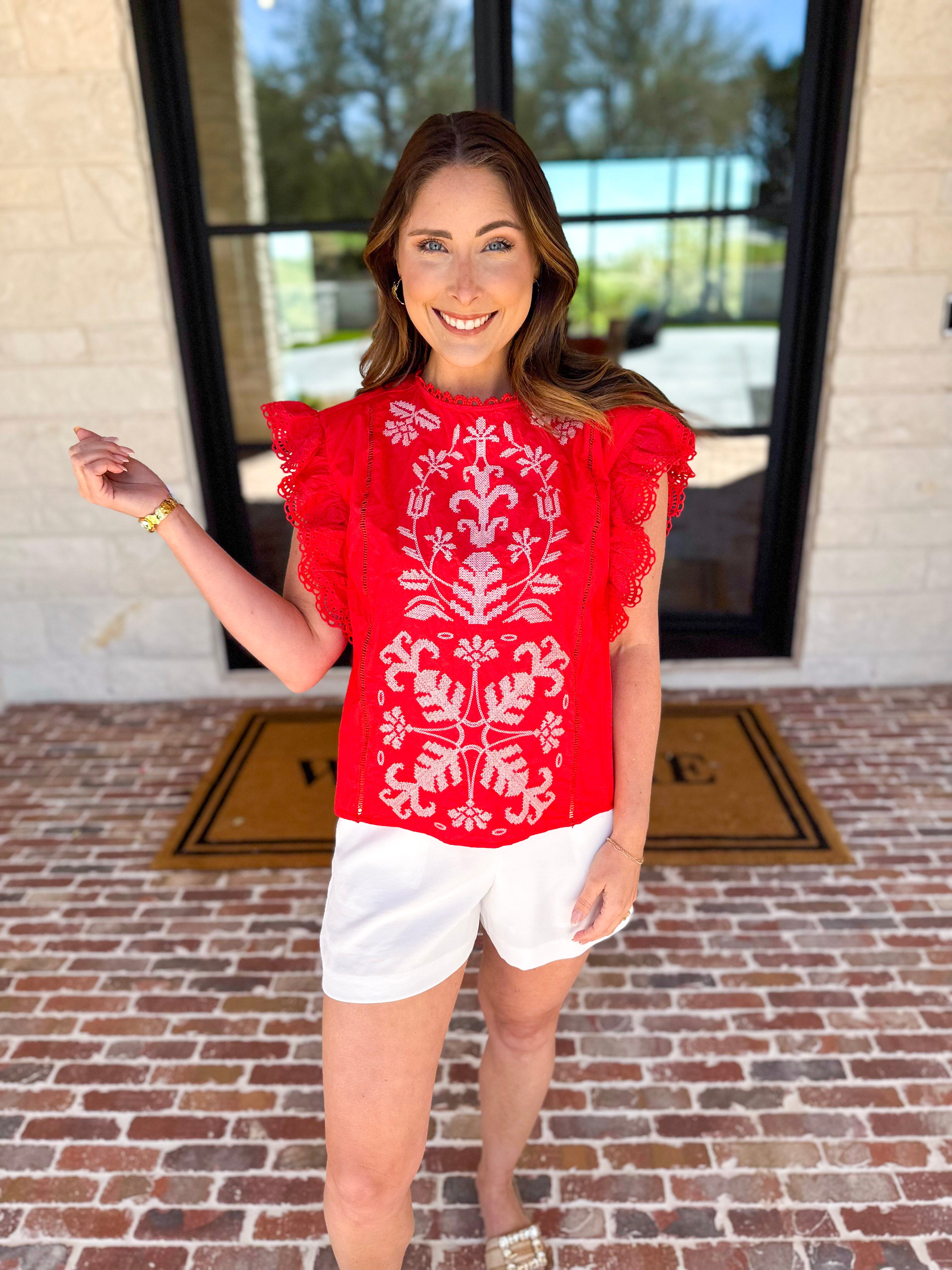 Tomato Red Embroidered Blouse-200 Fashion Blouses-FATE-July & June Women's Fashion Boutique Located in San Antonio, Texas