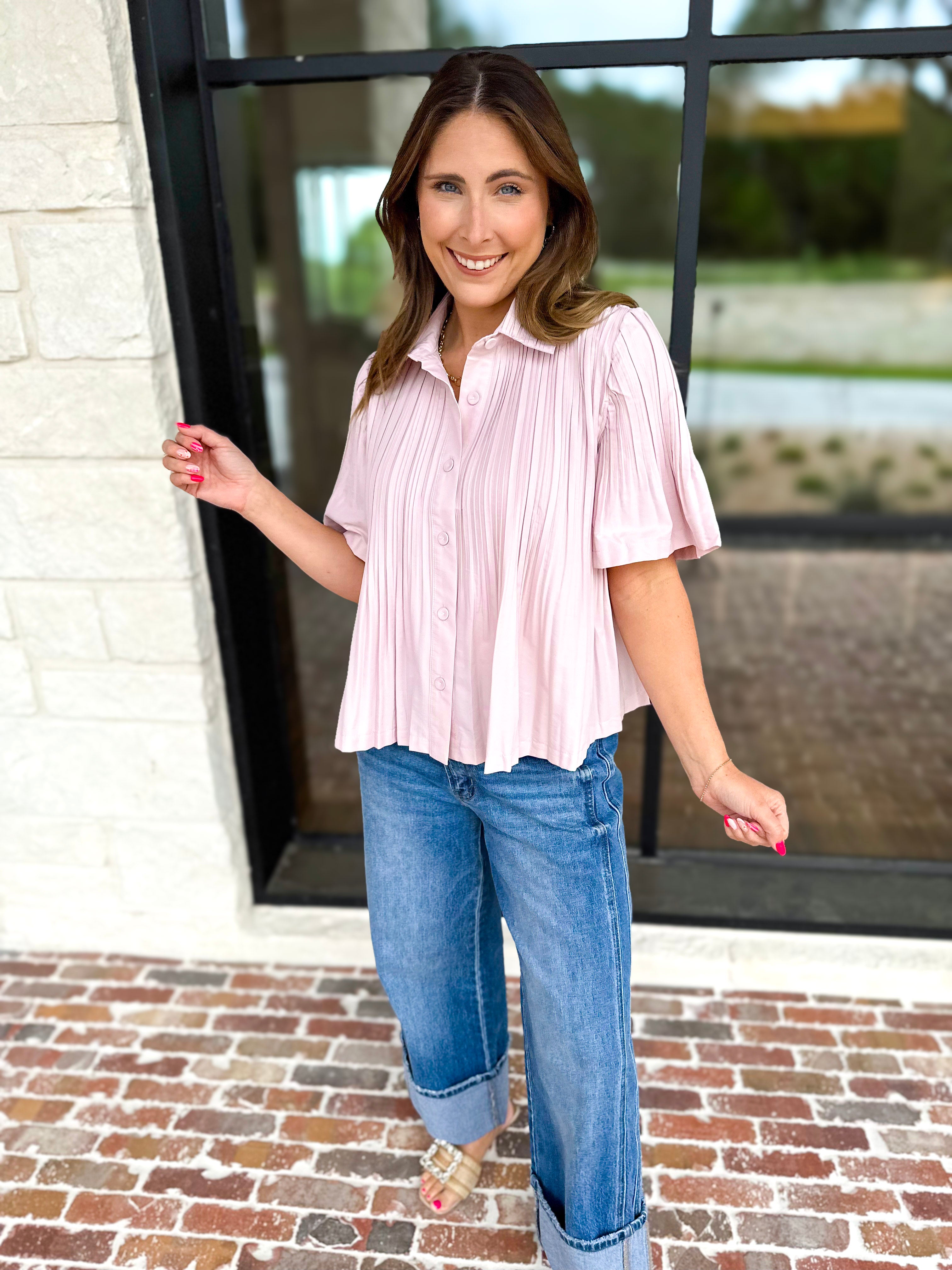 Current Air - Pleated Button Down Blouse - Blush-200 Fashion Blouses-CURRENT AIR CLOTHING-July & June Women's Fashion Boutique Located in San Antonio, Texas