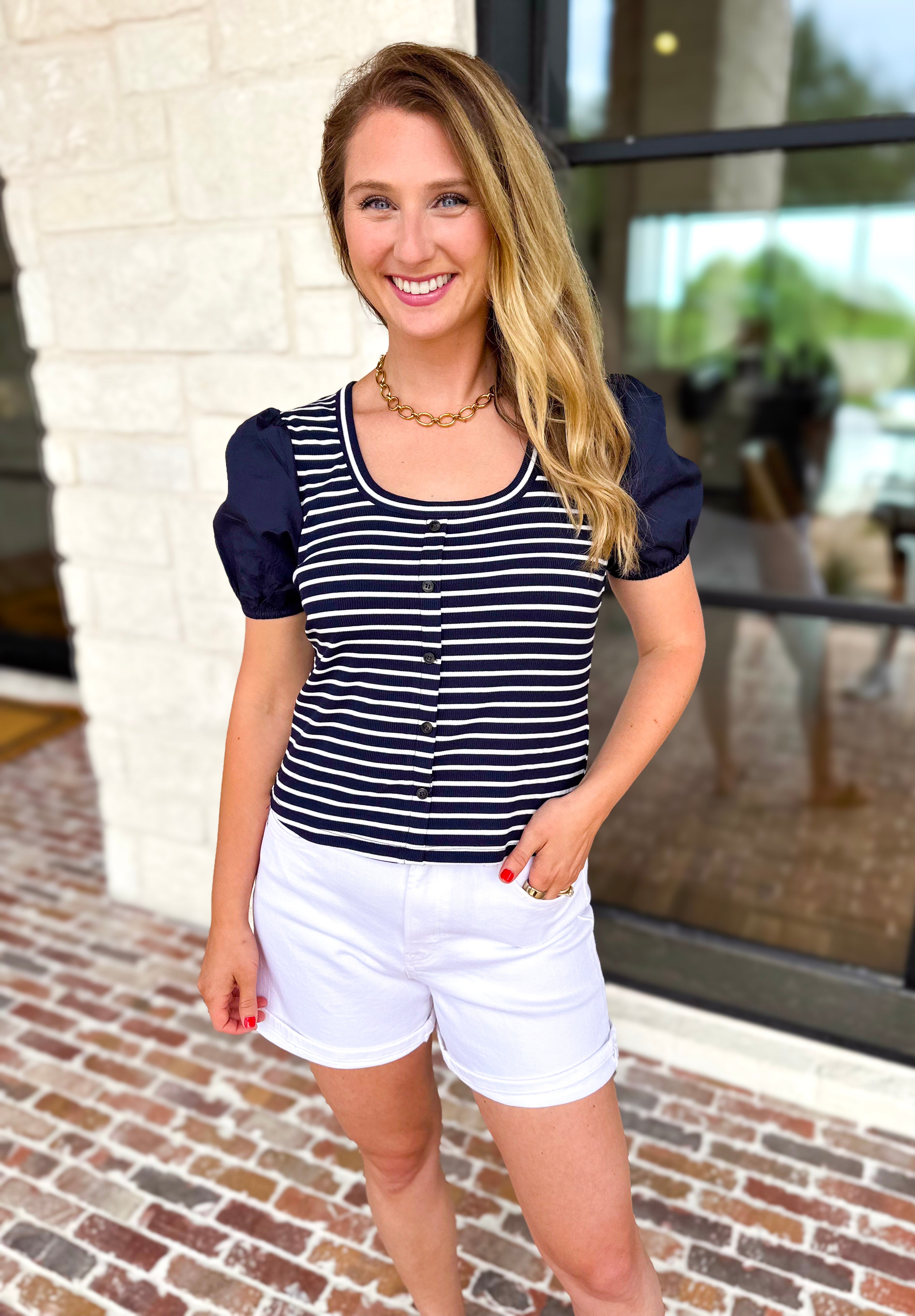 Navy Stripe Knit Tee-200 Fashion Blouses-SKIES ARE BLUE-July & June Women's Fashion Boutique Located in San Antonio, Texas