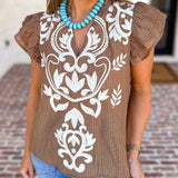 THML - Nutmeg Embroidered Flutter Sleeve Blouse-200 Fashion Blouses-THML-July & June Women's Fashion Boutique Located in San Antonio, Texas