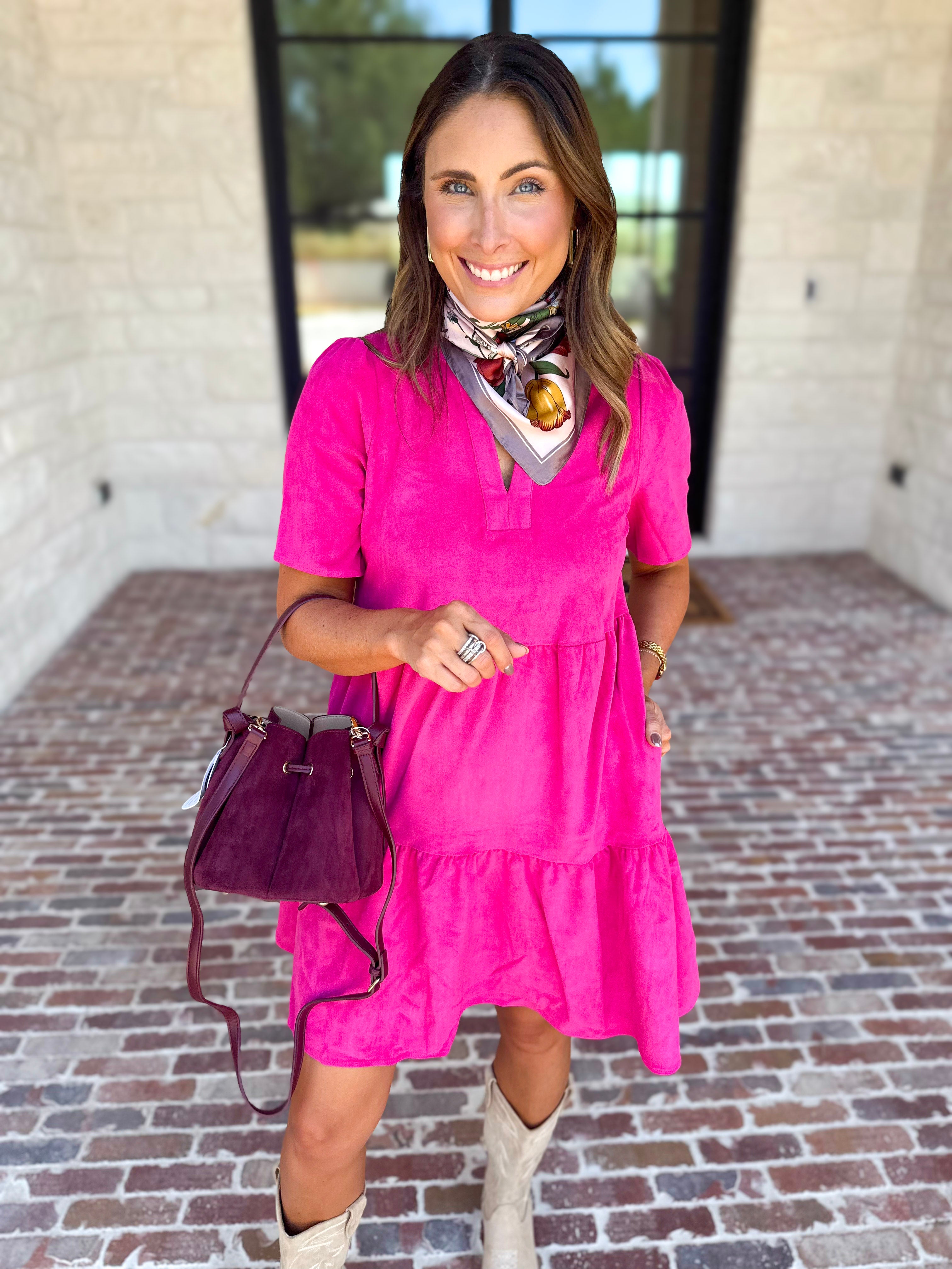 Mary Square - Soft Suede Mini Dress - Hot Pink-510 Mini-MARY SQUARE-July & June Women's Fashion Boutique Located in San Antonio, Texas