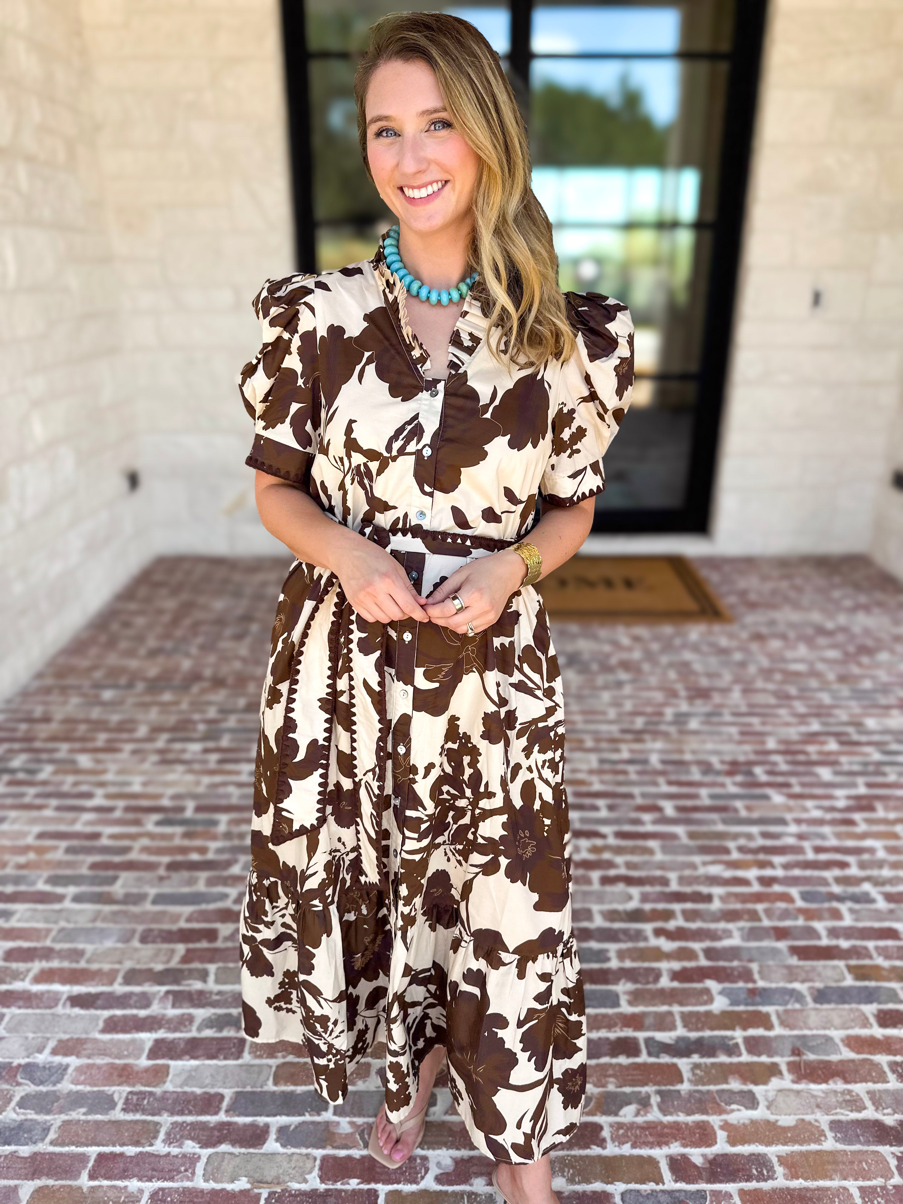 Mocha Magnolia Midi Dress-500 Midi-ENTRO-July & June Women's Fashion Boutique Located in San Antonio, Texas