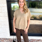 Liverpool - V-Neck Cinch Knit Top - Toasted Tan-230 Sweaters/Cardis-LIVERPOOL JEANS COMPANY-July & June Women's Fashion Boutique Located in San Antonio, Texas