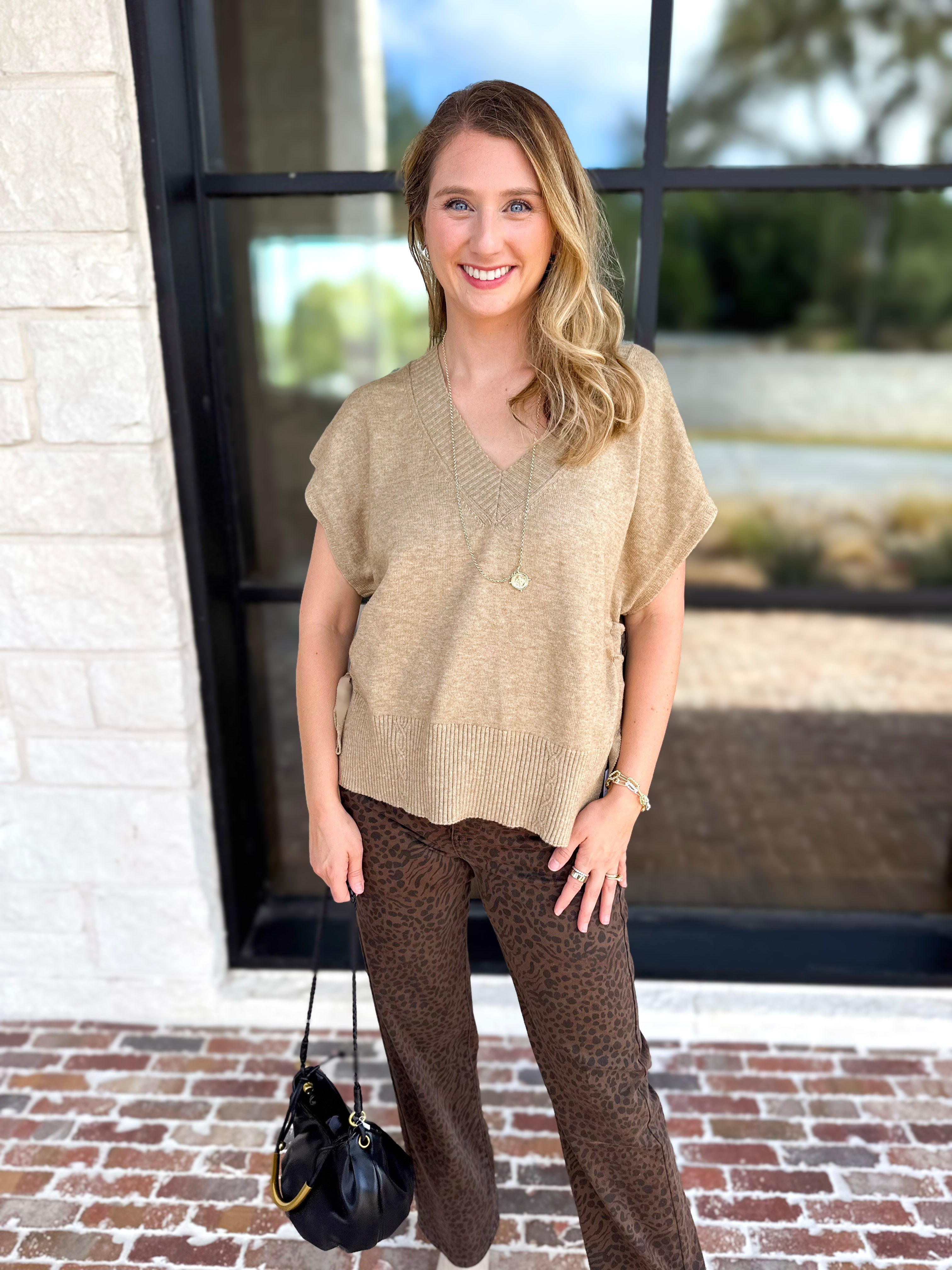 Liverpool - V-Neck Cinch Knit Top - Toasted Tan-230 Sweaters/Cardis-LIVERPOOL JEANS COMPANY-July & June Women's Fashion Boutique Located in San Antonio, Texas