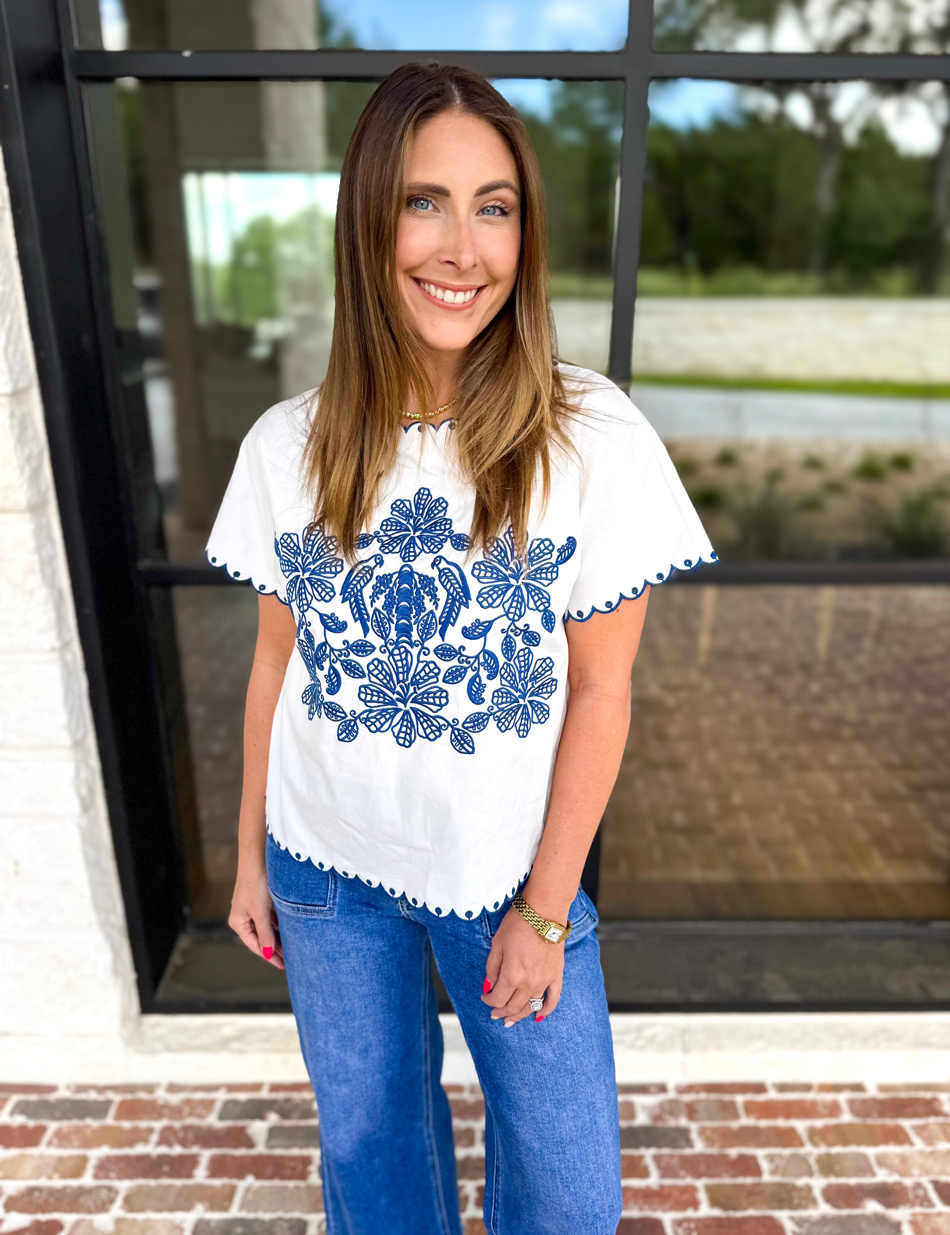 Coastal Embroidered Blouse - White-200 Fashion Blouses-JODIFL-July & June Women's Fashion Boutique Located in San Antonio, Texas