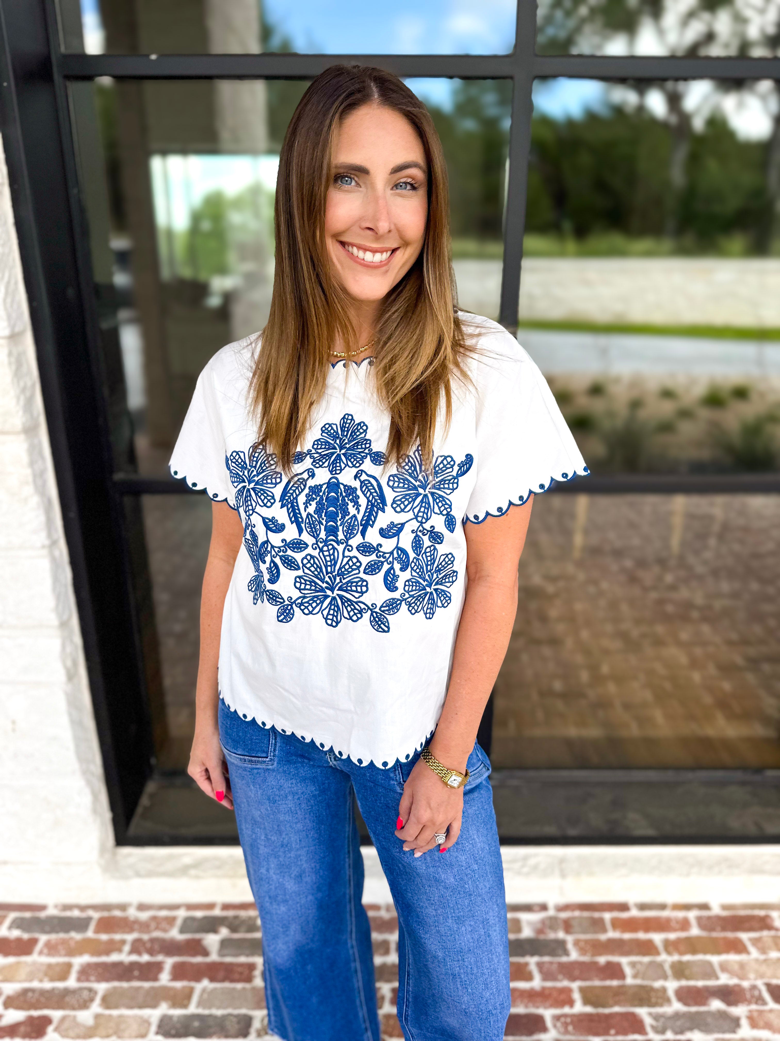 Coastal Embroidered Blouse - White-200 Fashion Blouses-JODIFL-July & June Women's Fashion Boutique Located in San Antonio, Texas