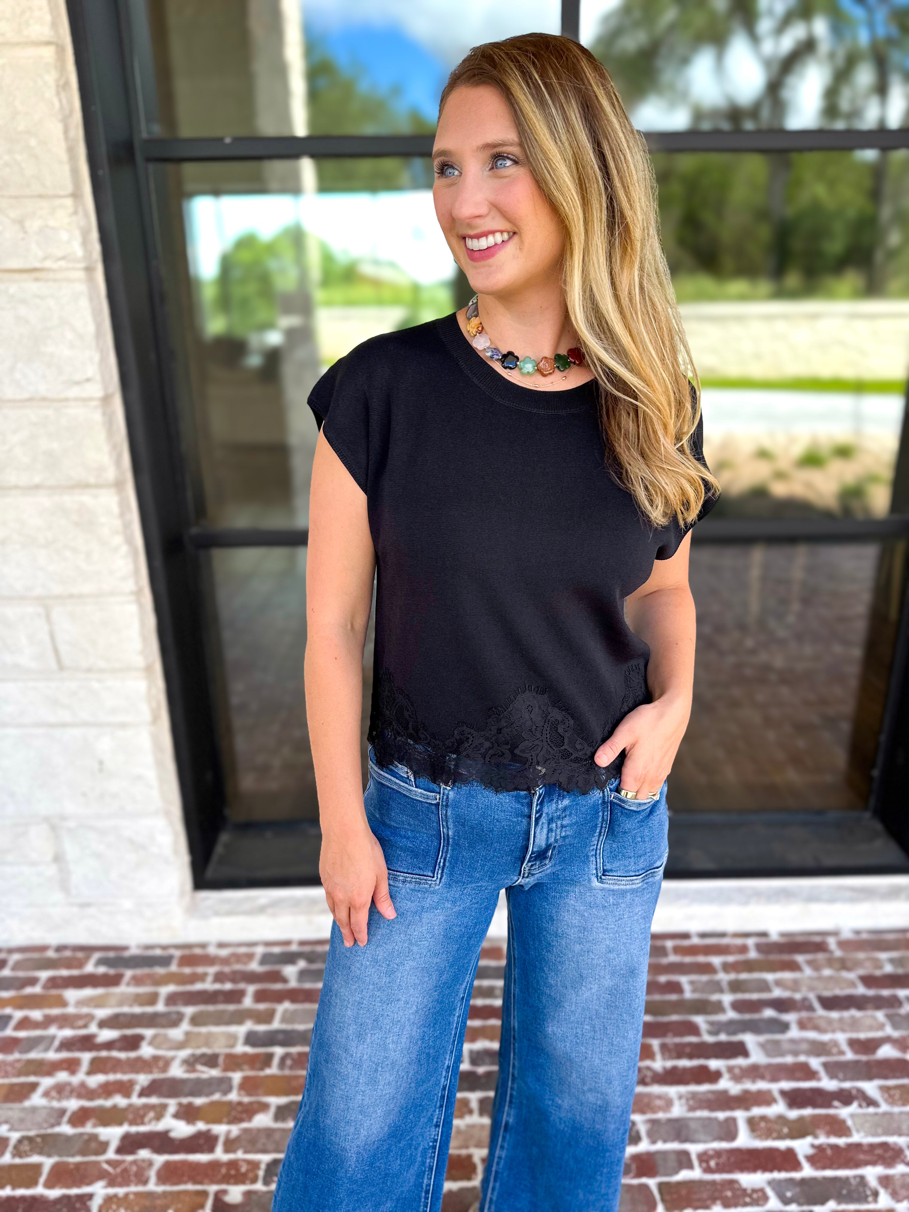 Collins Lace Trim Blouse - Black-200 Fashion Blouses-ENTRO-July & June Women's Fashion Boutique Located in San Antonio, Texas