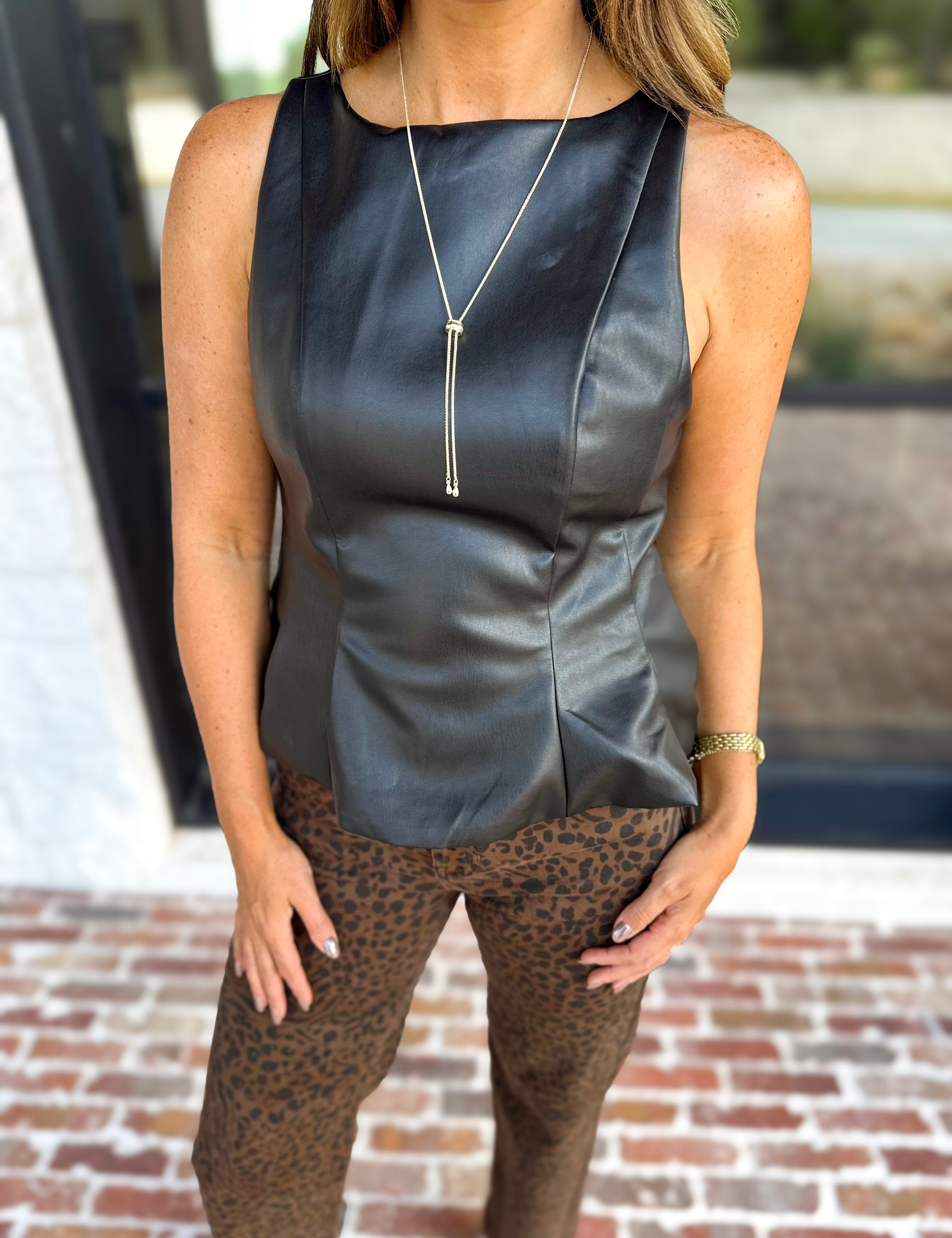 THML - Chic Peplum Black Faux Leather Blouse-200 Fashion Blouses-THML-July & June Women's Fashion Boutique Located in San Antonio, Texas