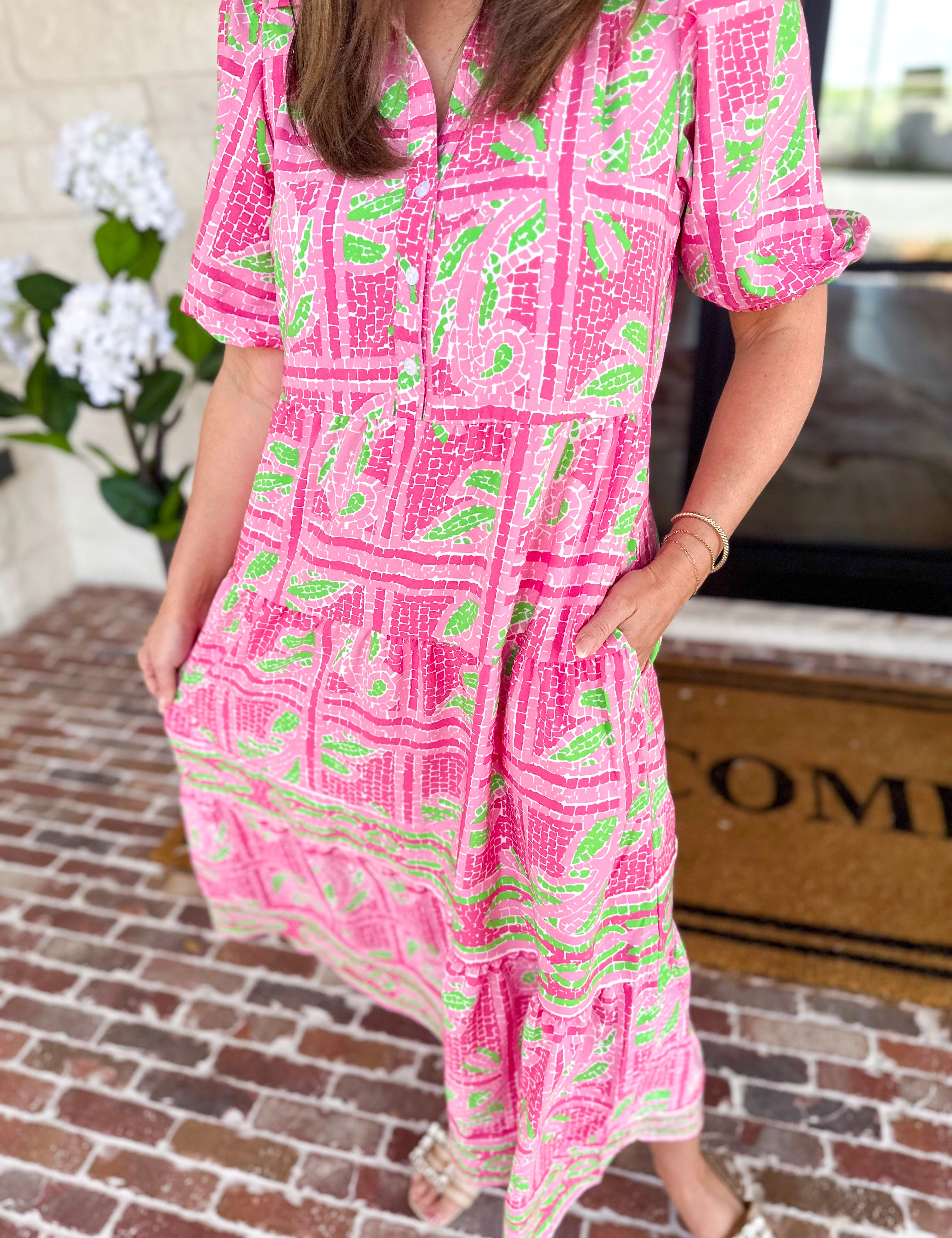 Mary Square - Pink Trellis Tiles Midi Dress-500 Midi-MARY SQUARE-July & June Women's Fashion Boutique Located in San Antonio, Texas