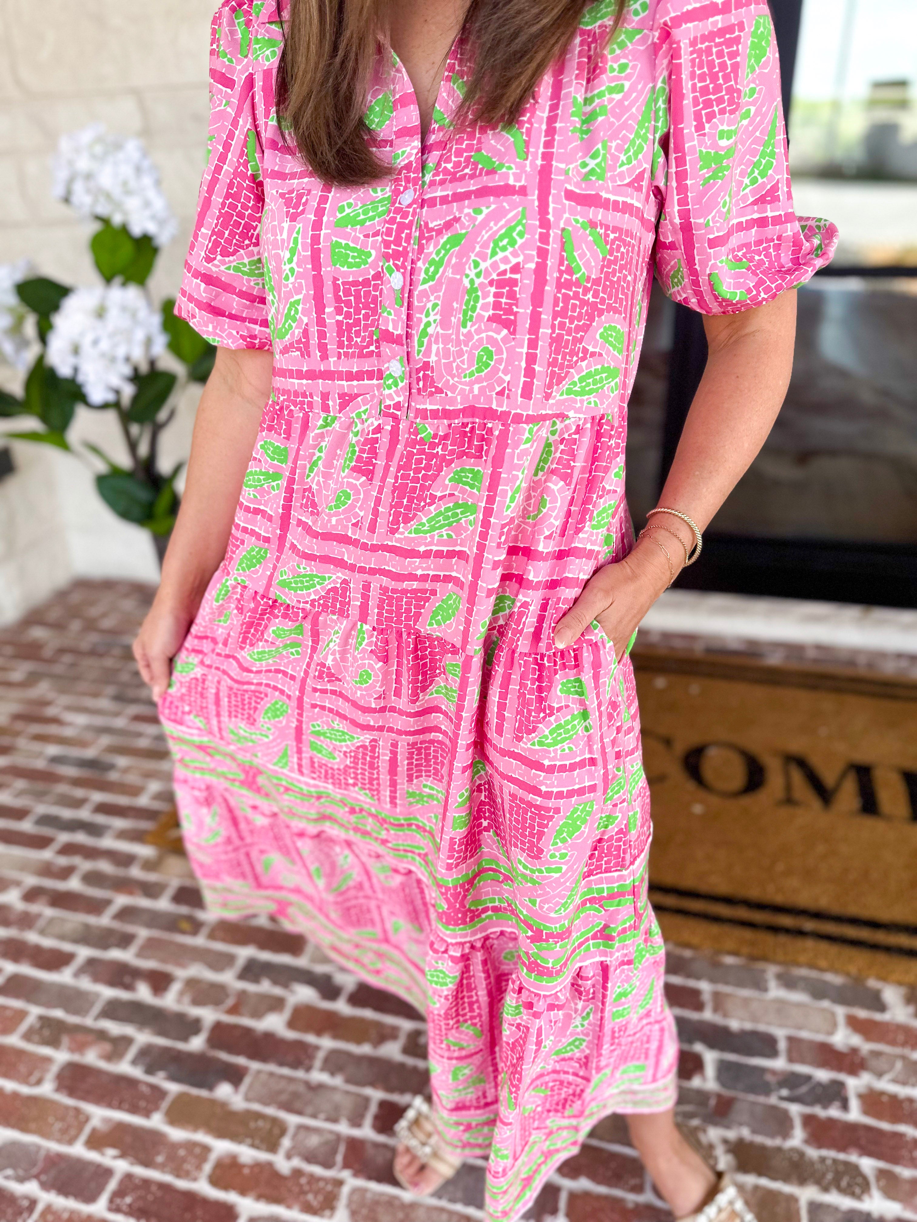 Mary Square - Pink Trellis Tiles Midi Dress-500 Midi-MARY SQUARE-July & June Women's Fashion Boutique Located in San Antonio, Texas