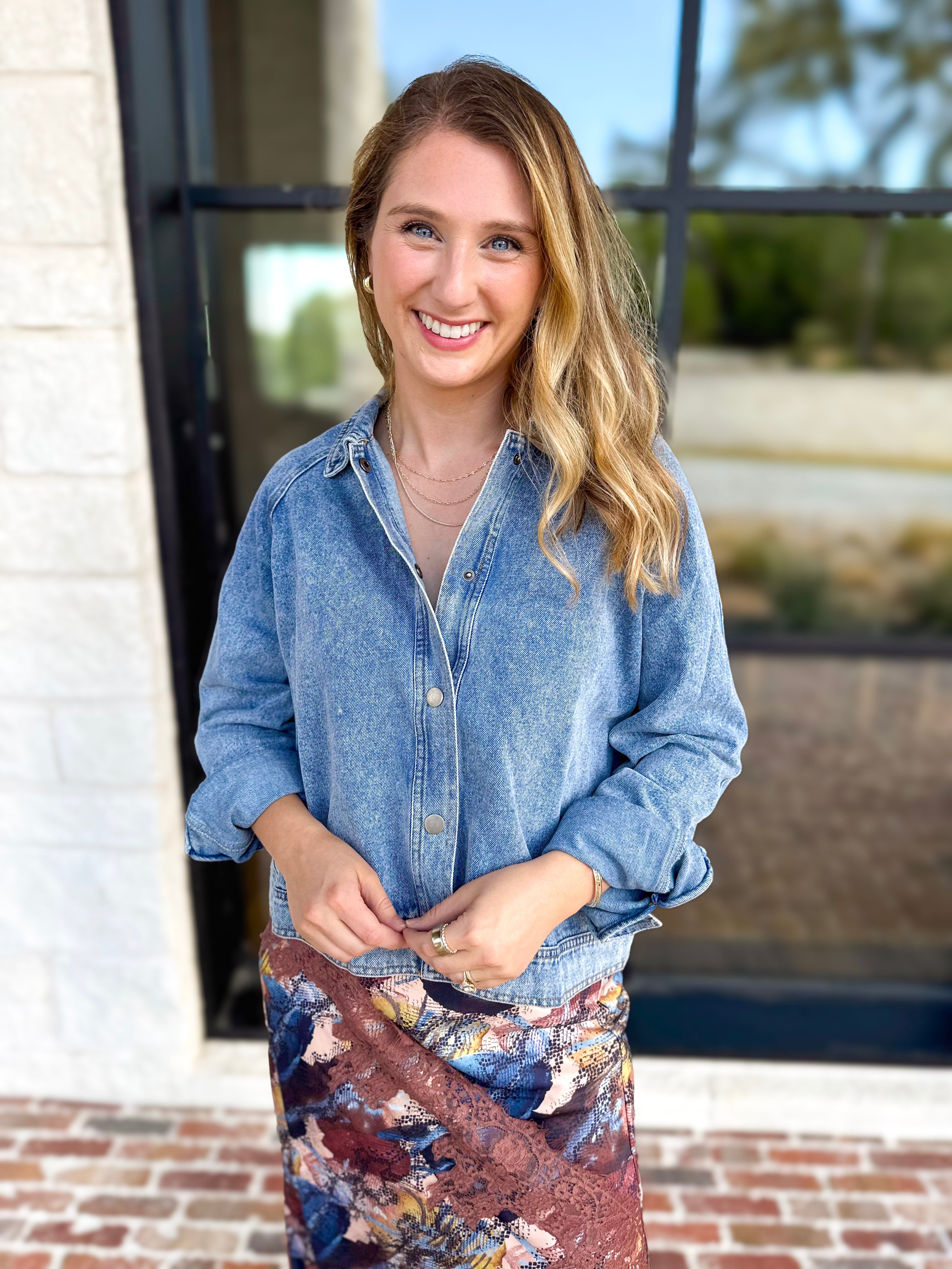 Weekend Signature Denim Shirt Jacket-200 Fashion Blouses-FATE-July & June Women's Fashion Boutique Located in San Antonio, Texas