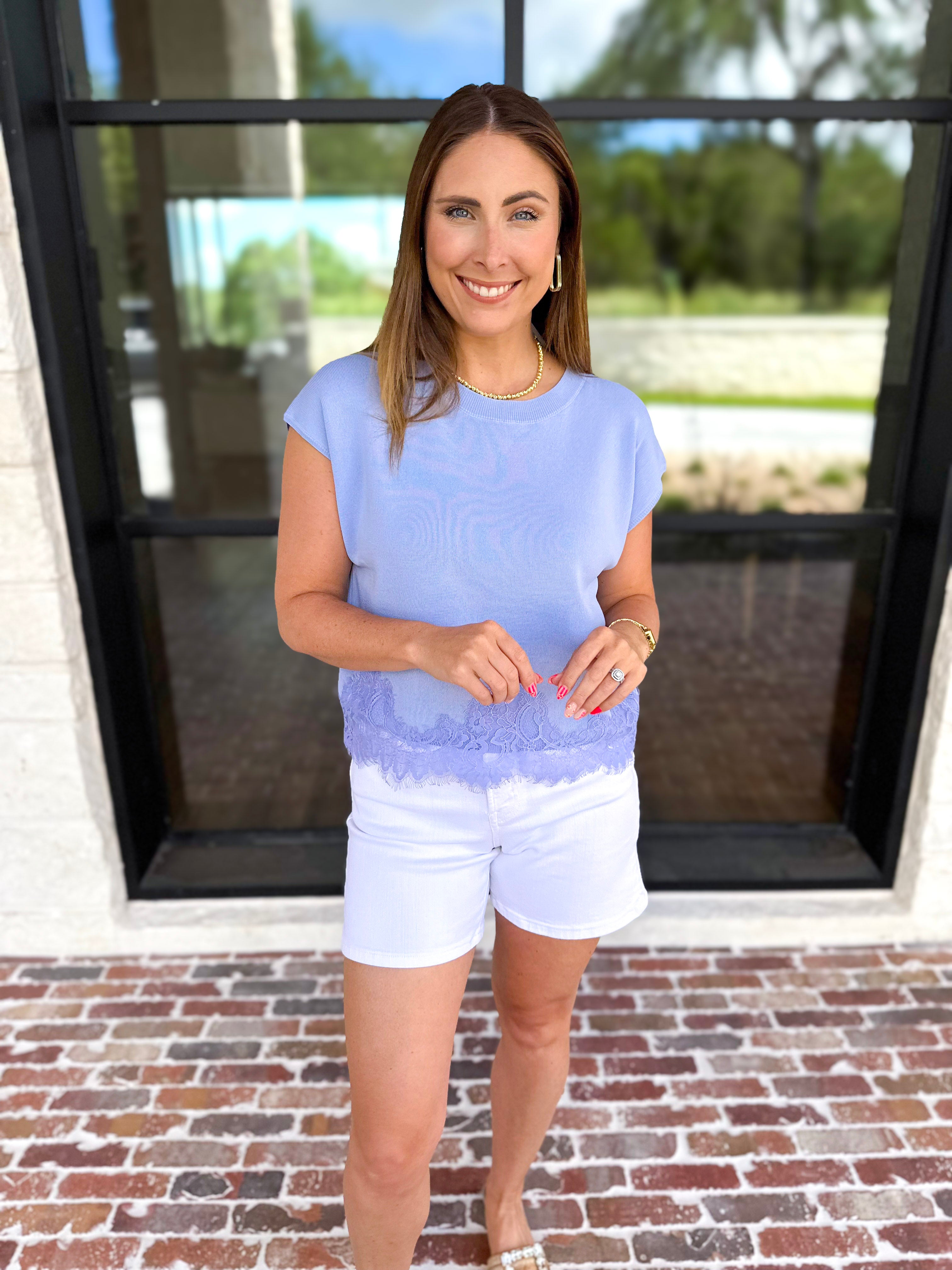 Collins Lace Trim Blouse - Sky-200 Fashion Blouses-ENTRO-July & June Women's Fashion Boutique Located in San Antonio, Texas