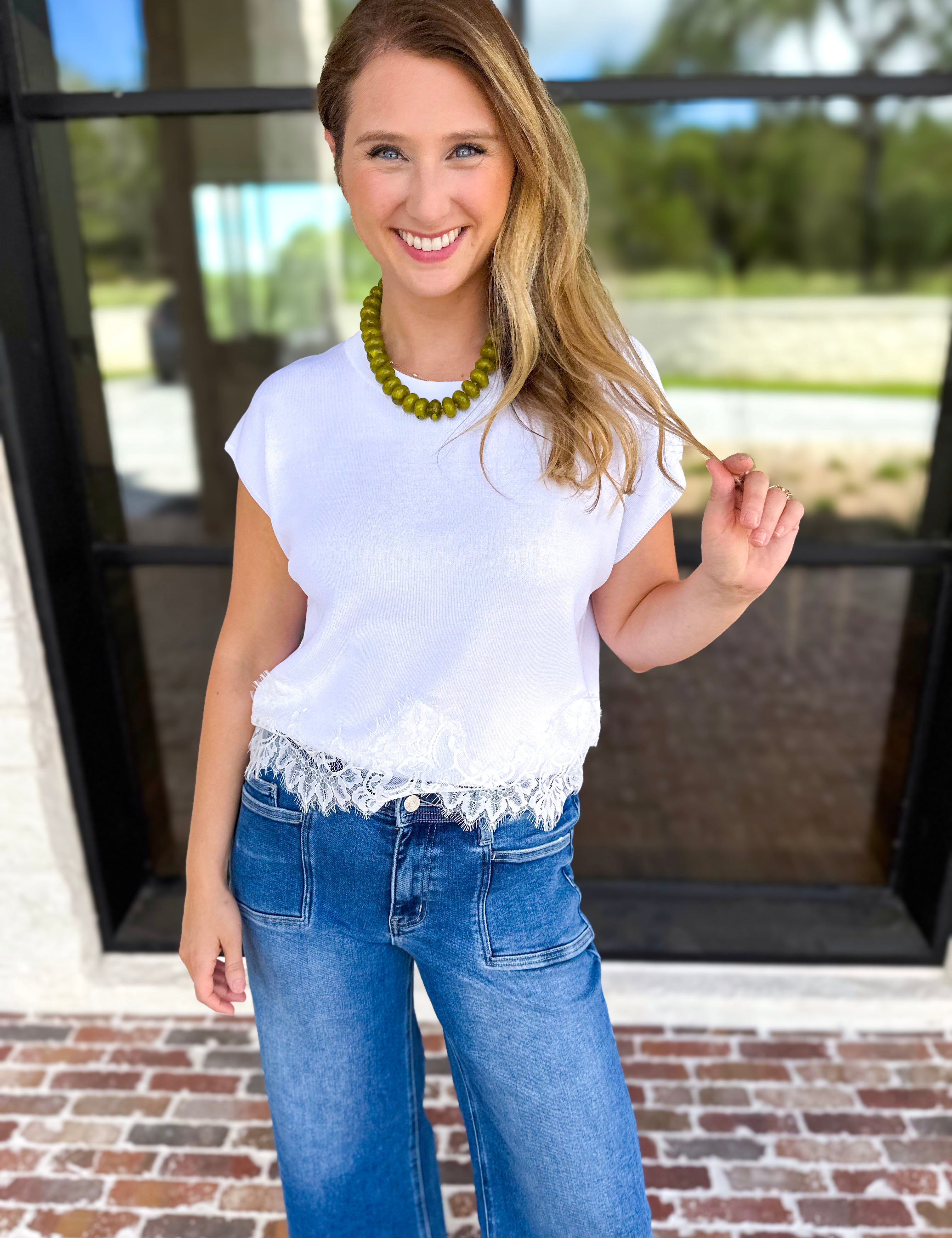 Collins Lace Trim Blouse - Ivory-200 Fashion Blouses-ENTRO-July & June Women's Fashion Boutique Located in San Antonio, Texas