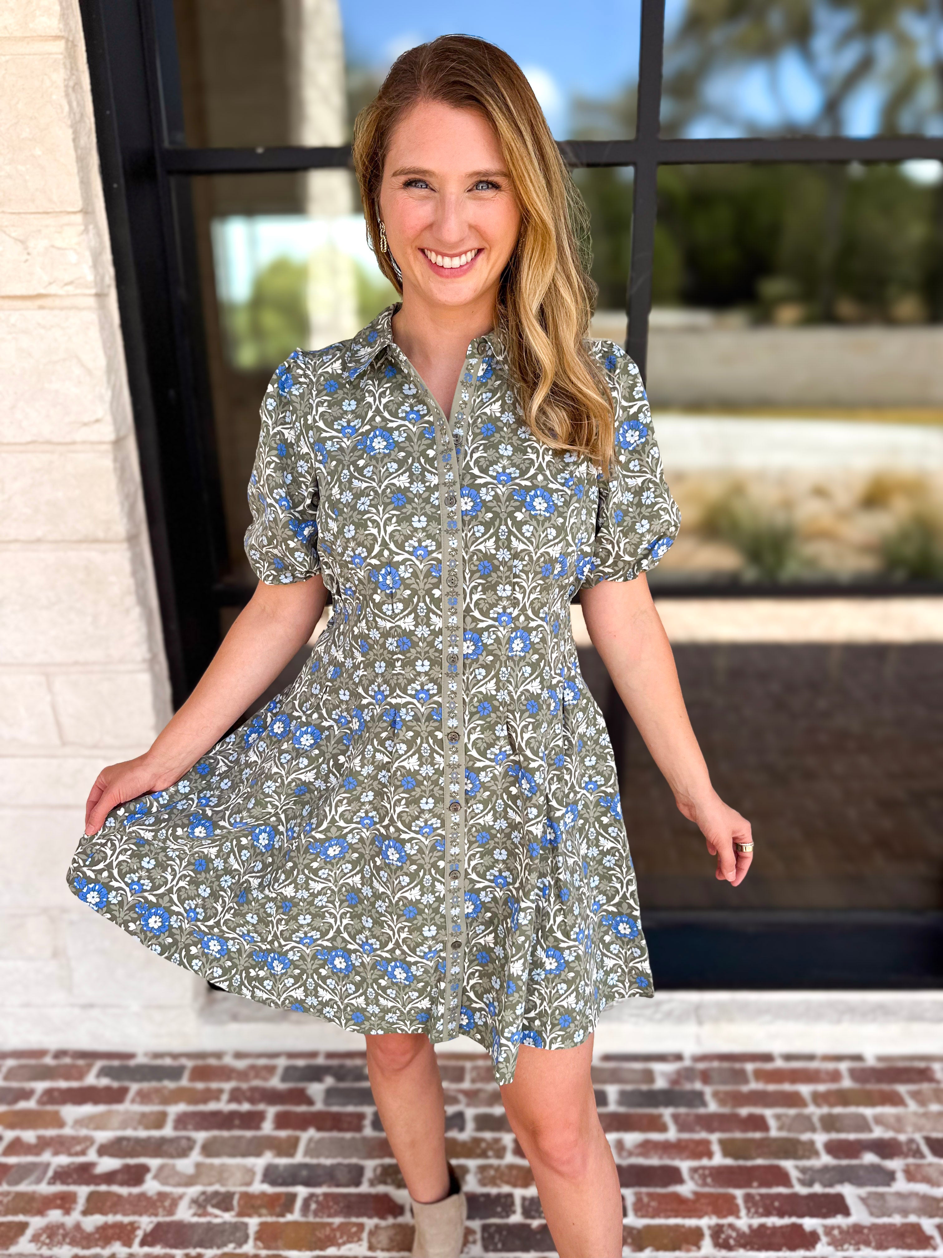 Mary Square - Olive Floral Puff Sleeve Midi Dress-510 Mini-MARY SQUARE-July & June Women's Fashion Boutique Located in San Antonio, Texas