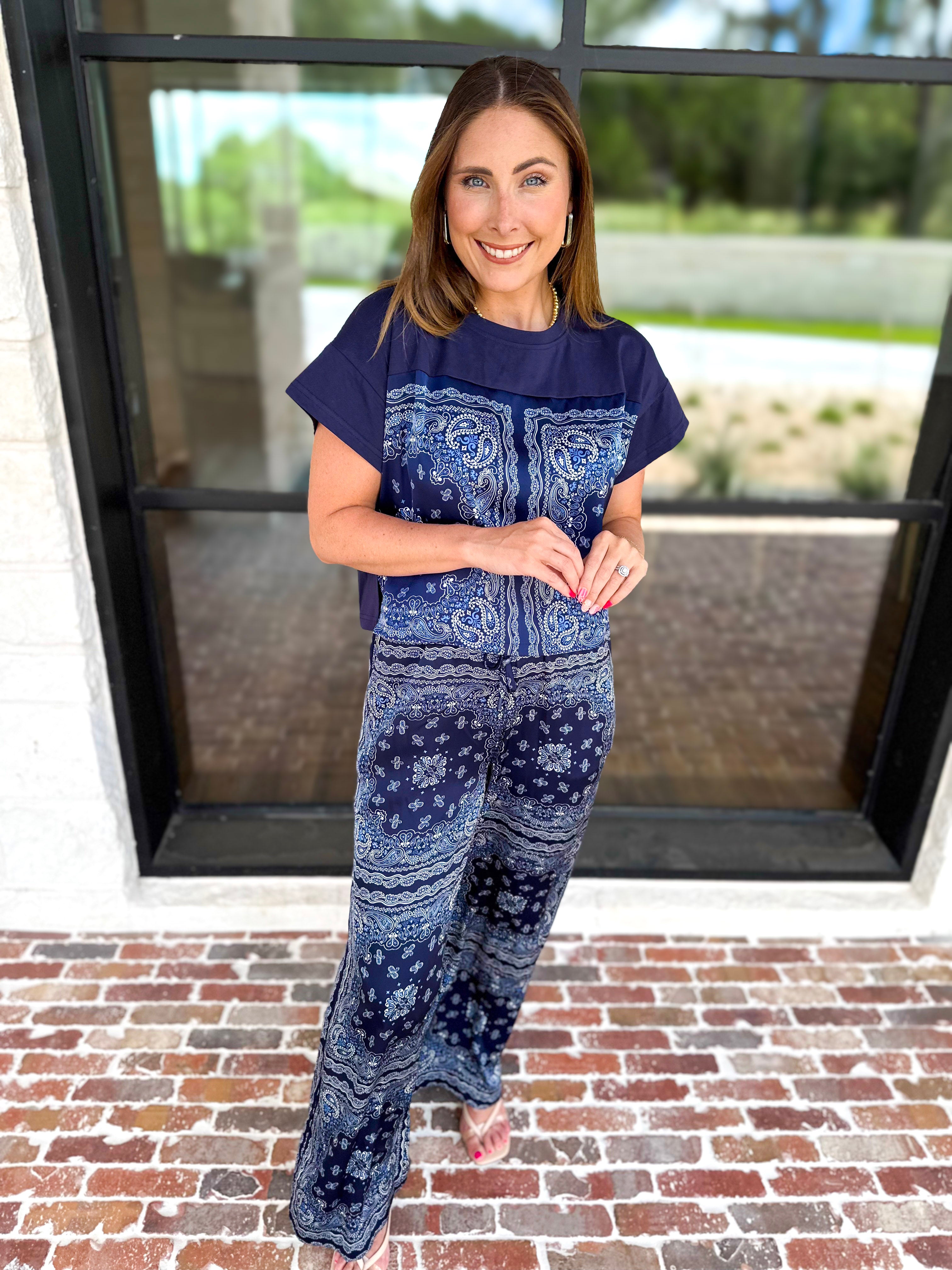 Navy Bandana Pants Set-500 Midi-SKIES ARE BLUE-July & June Women's Fashion Boutique Located in San Antonio, Texas