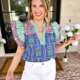 THML - Blue Flutter Sleeve Blouse-200 Fashion Blouses-THML-July & June Women's Fashion Boutique Located in San Antonio, Texas
