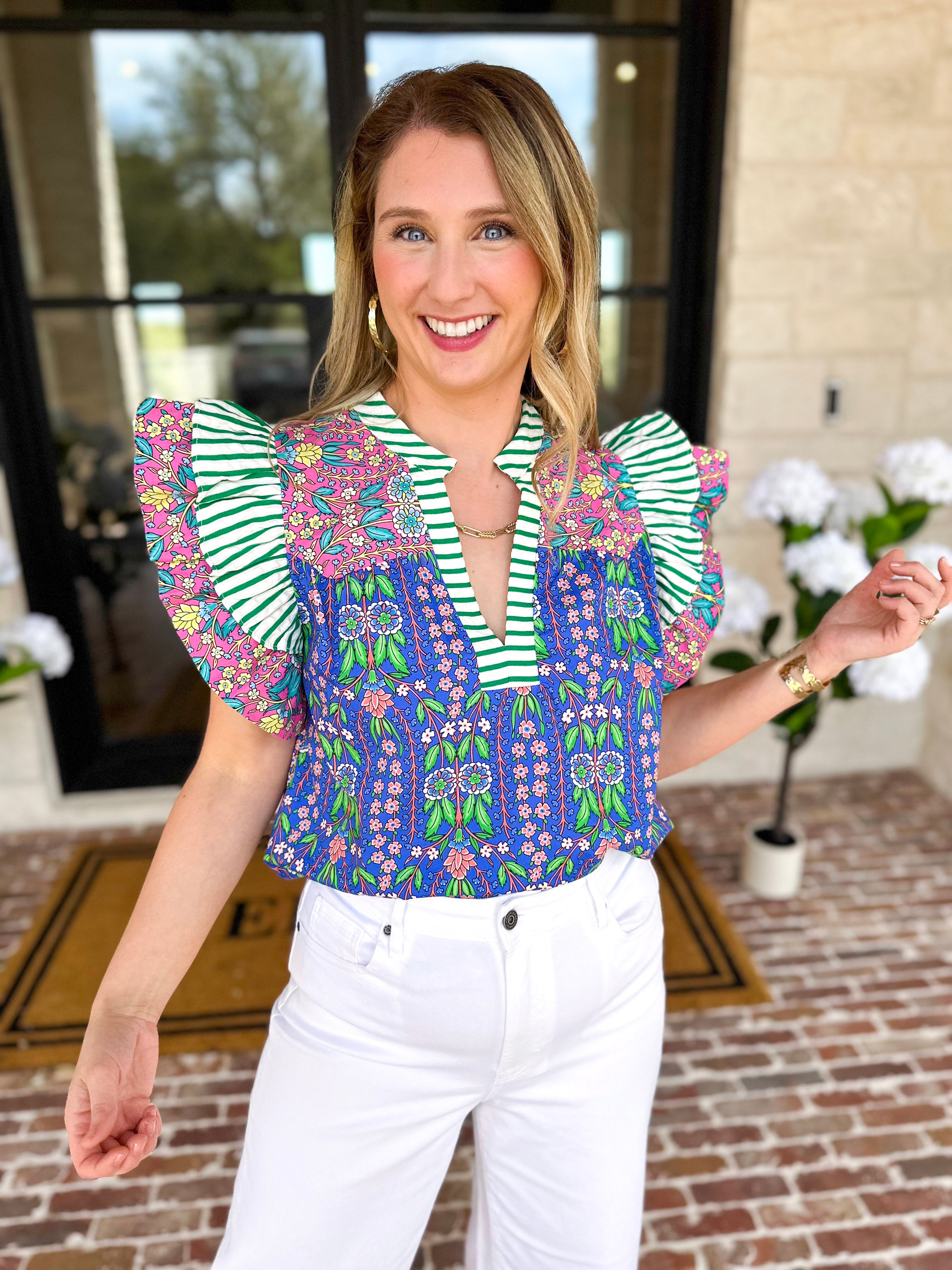THML - Blue Flutter Sleeve Blouse-200 Fashion Blouses-THML-July & June Women's Fashion Boutique Located in San Antonio, Texas