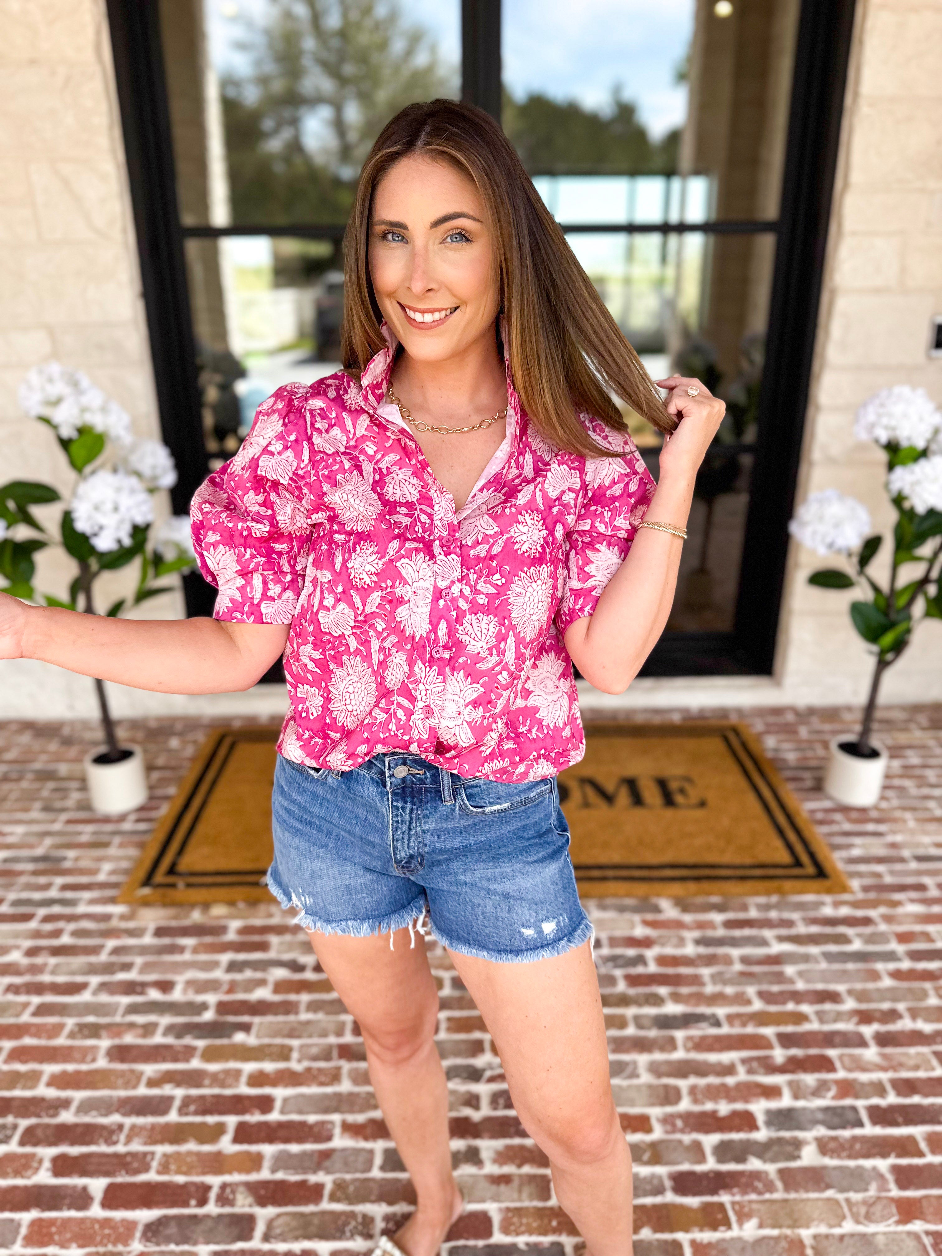 Punchy Pink Floral Blouse-200 Fashion Blouses-FATE-July & June Women's Fashion Boutique Located in San Antonio, Texas