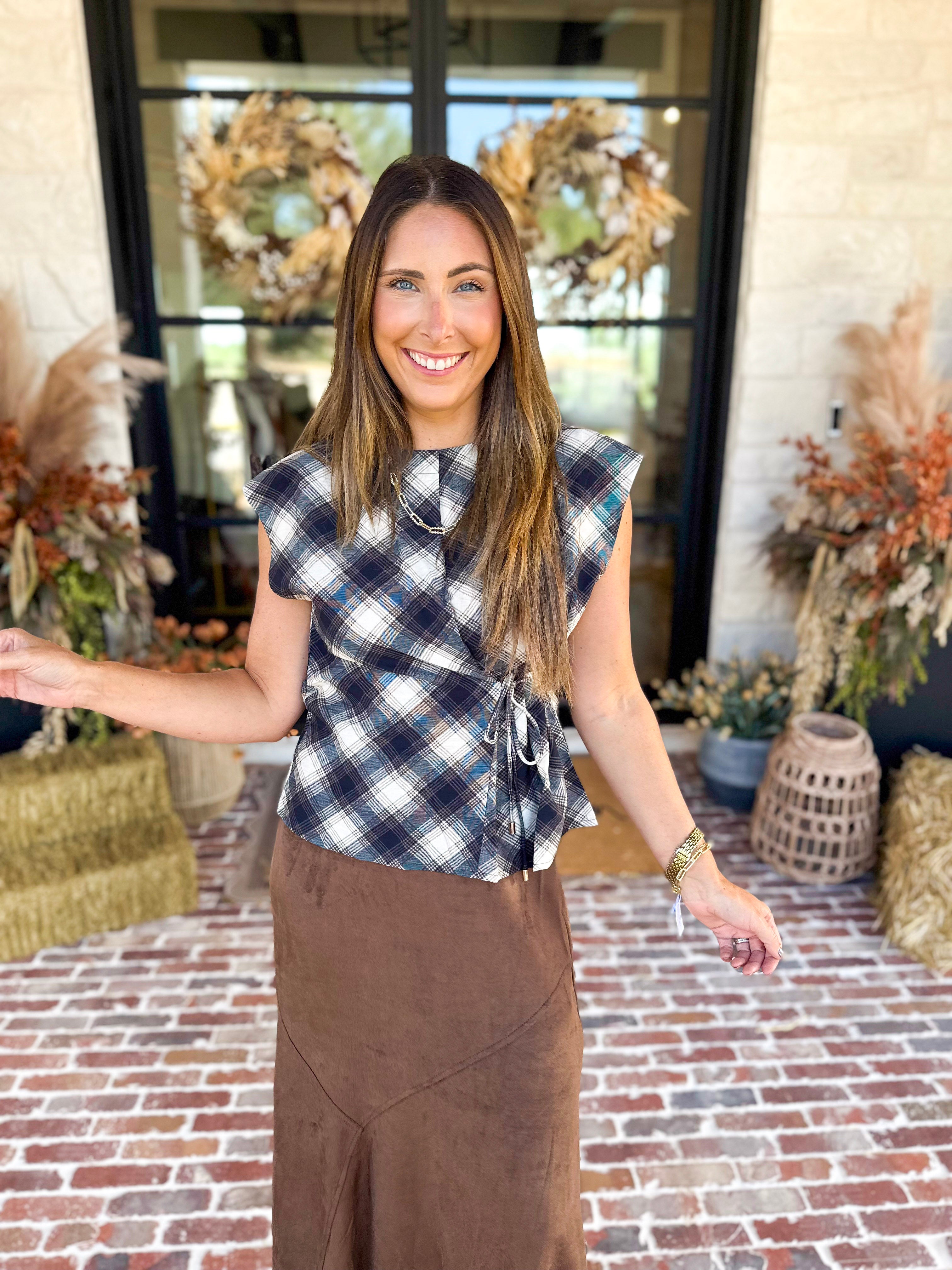 THML - Navy & Cream Plaid Tie Blouse-200 Fashion Blouses-THML-July & June Women's Fashion Boutique Located in San Antonio, Texas