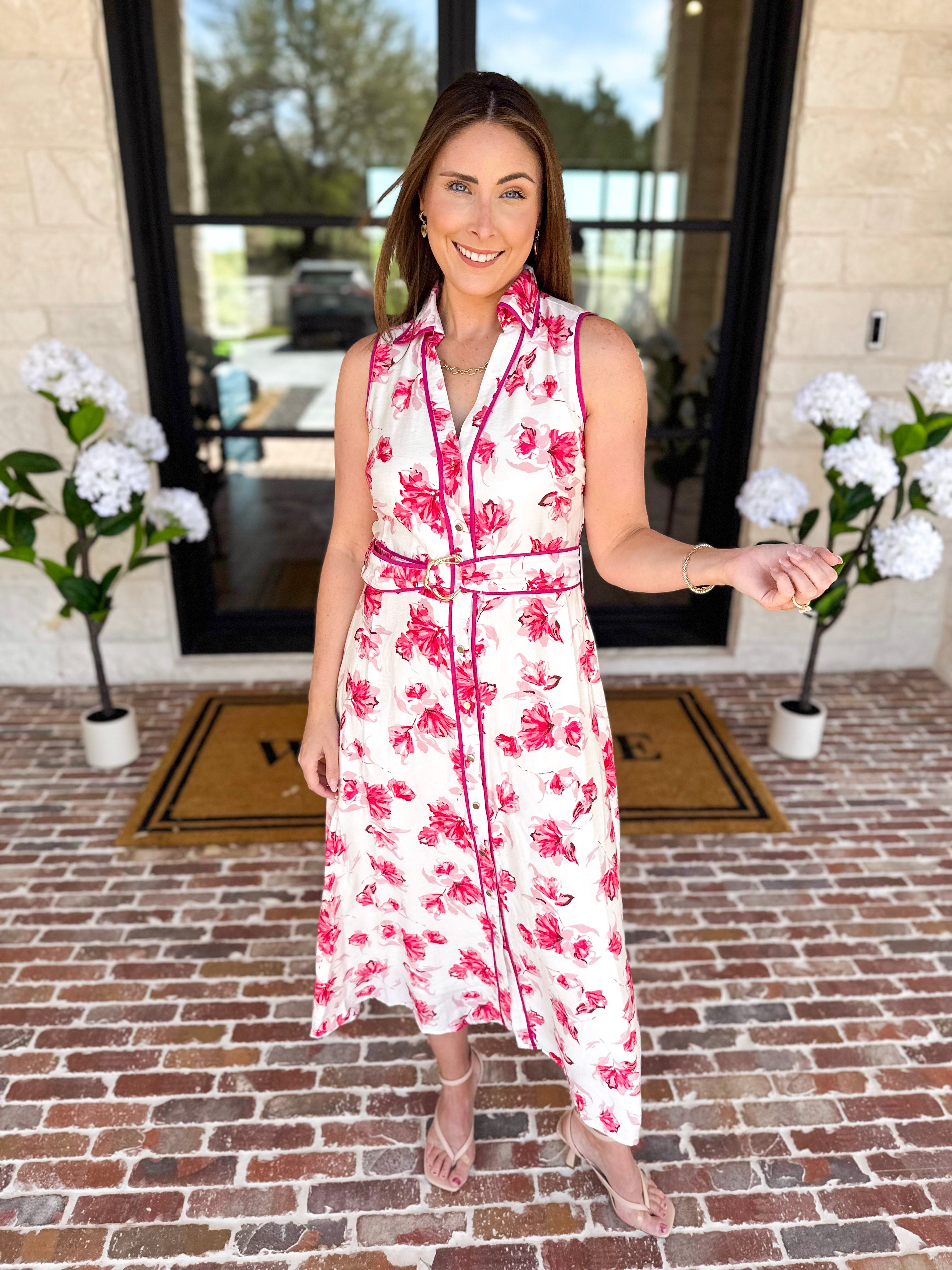 Vibrant Pink Floral Midi Dress-500 Midi-IN FEBRUARY-July & June Women's Fashion Boutique Located in San Antonio, Texas