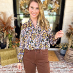 Dusty Blue & Marigold Floral Blouse-200 Fashion Blouses-FATE-July & June Women's Fashion Boutique Located in San Antonio, Texas