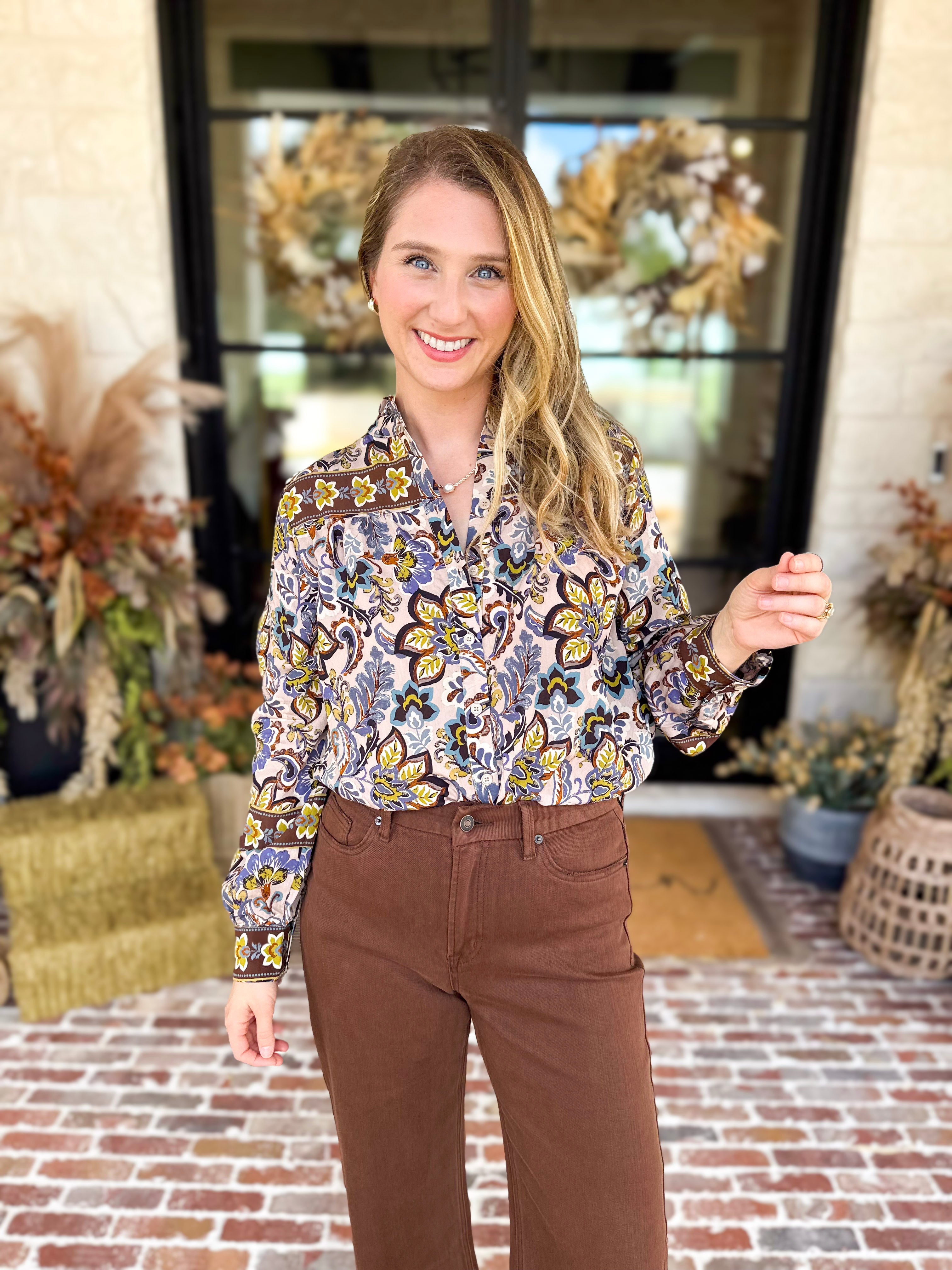 Dusty Blue & Marigold Floral Blouse-200 Fashion Blouses-FATE-July & June Women's Fashion Boutique Located in San Antonio, Texas