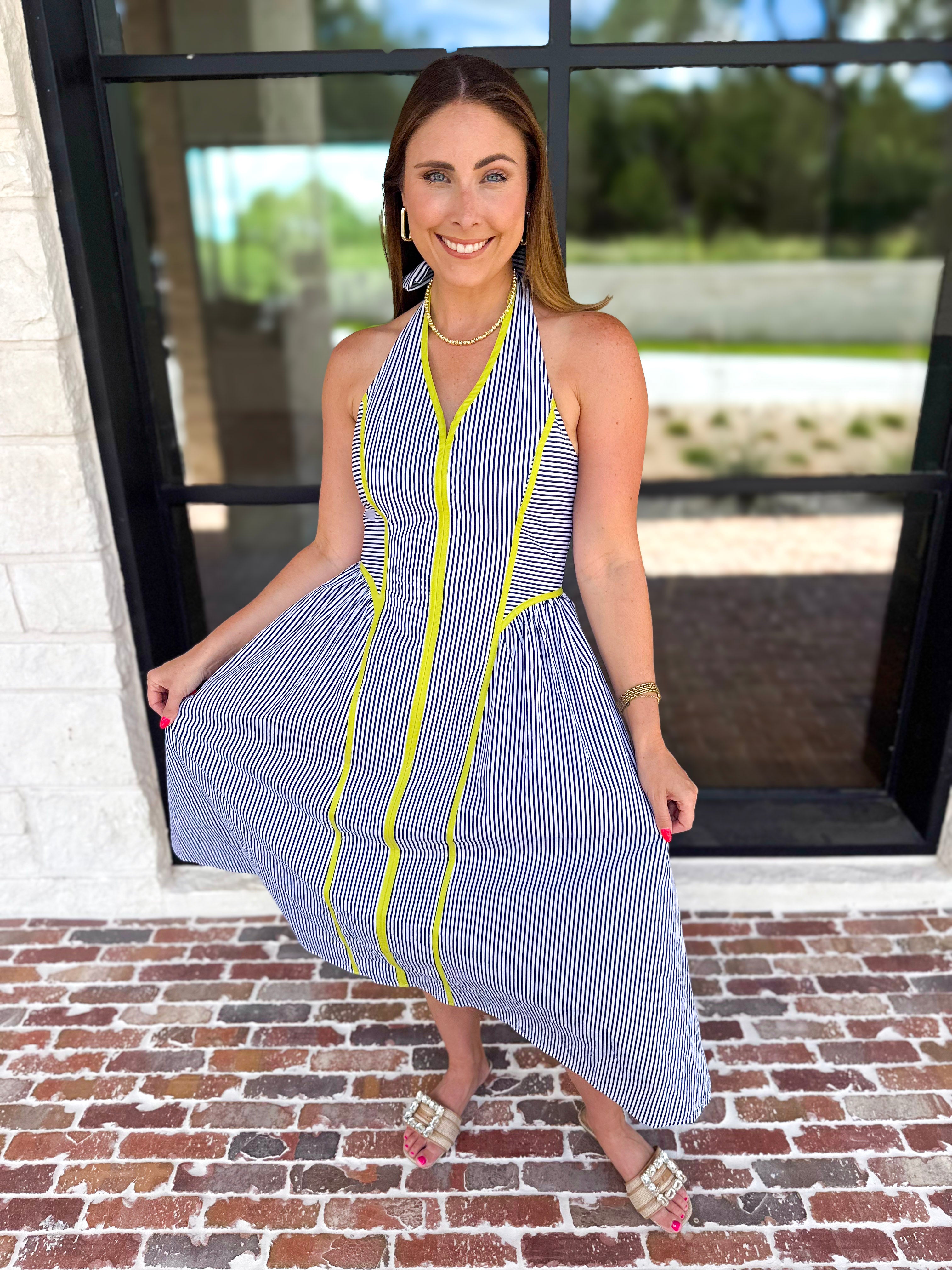 Chic Striped Halter Midi Dress-500 Midi-ENTRO-July & June Women's Fashion Boutique Located in San Antonio, Texas