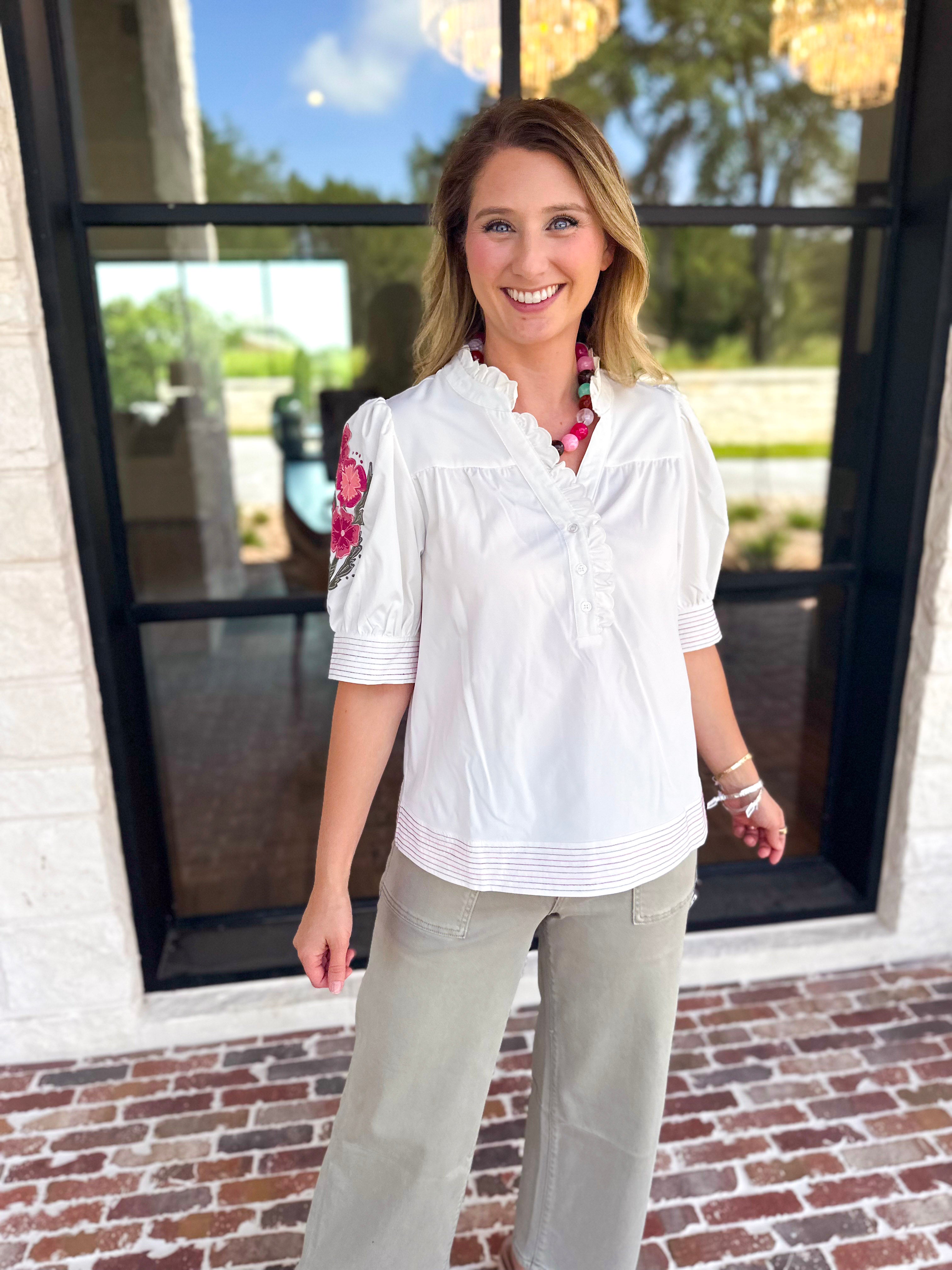 Mary Square - Sweet Florals Embroidered Blouse-200 Fashion Blouses-MARY SQUARE-July & June Women's Fashion Boutique Located in San Antonio, Texas