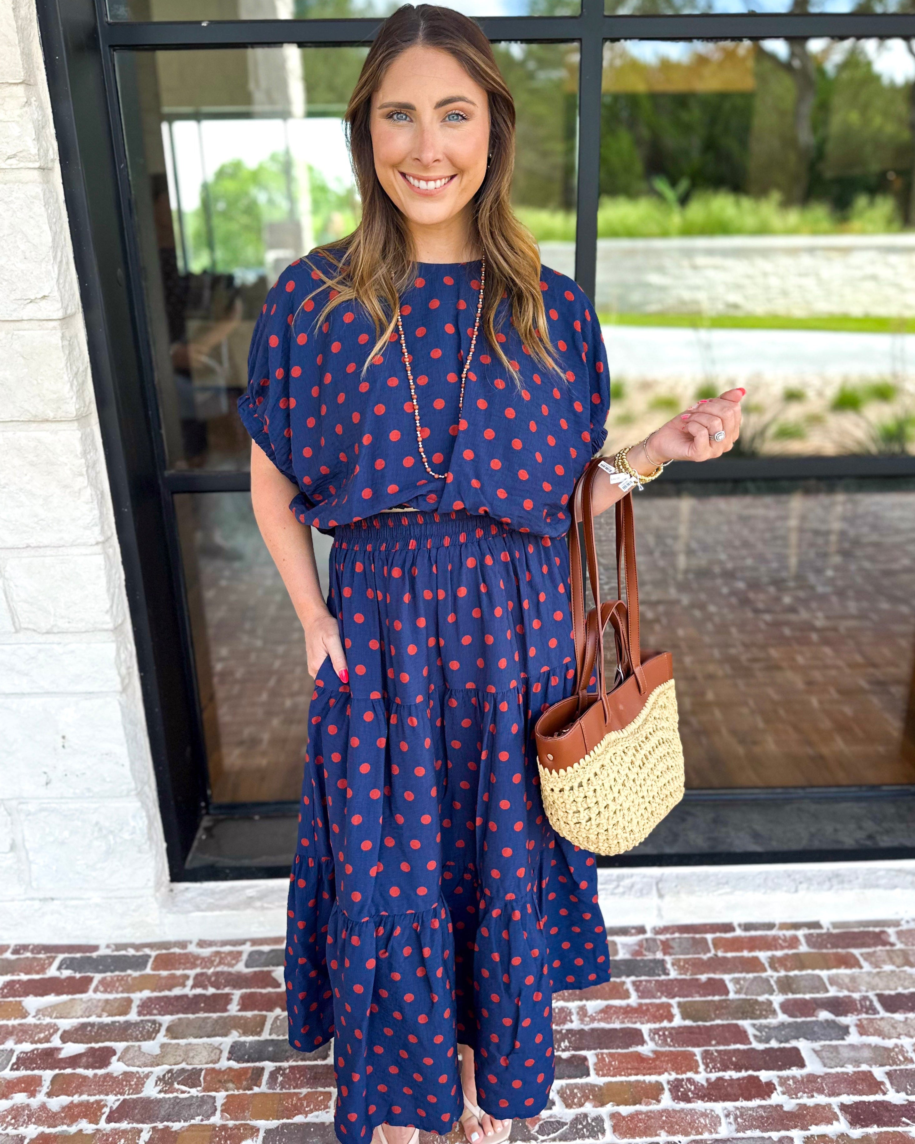 Darling in Dots Set - Navy & Rust-500 Midi-ENTRO-July & June Women's Fashion Boutique Located in San Antonio, Texas