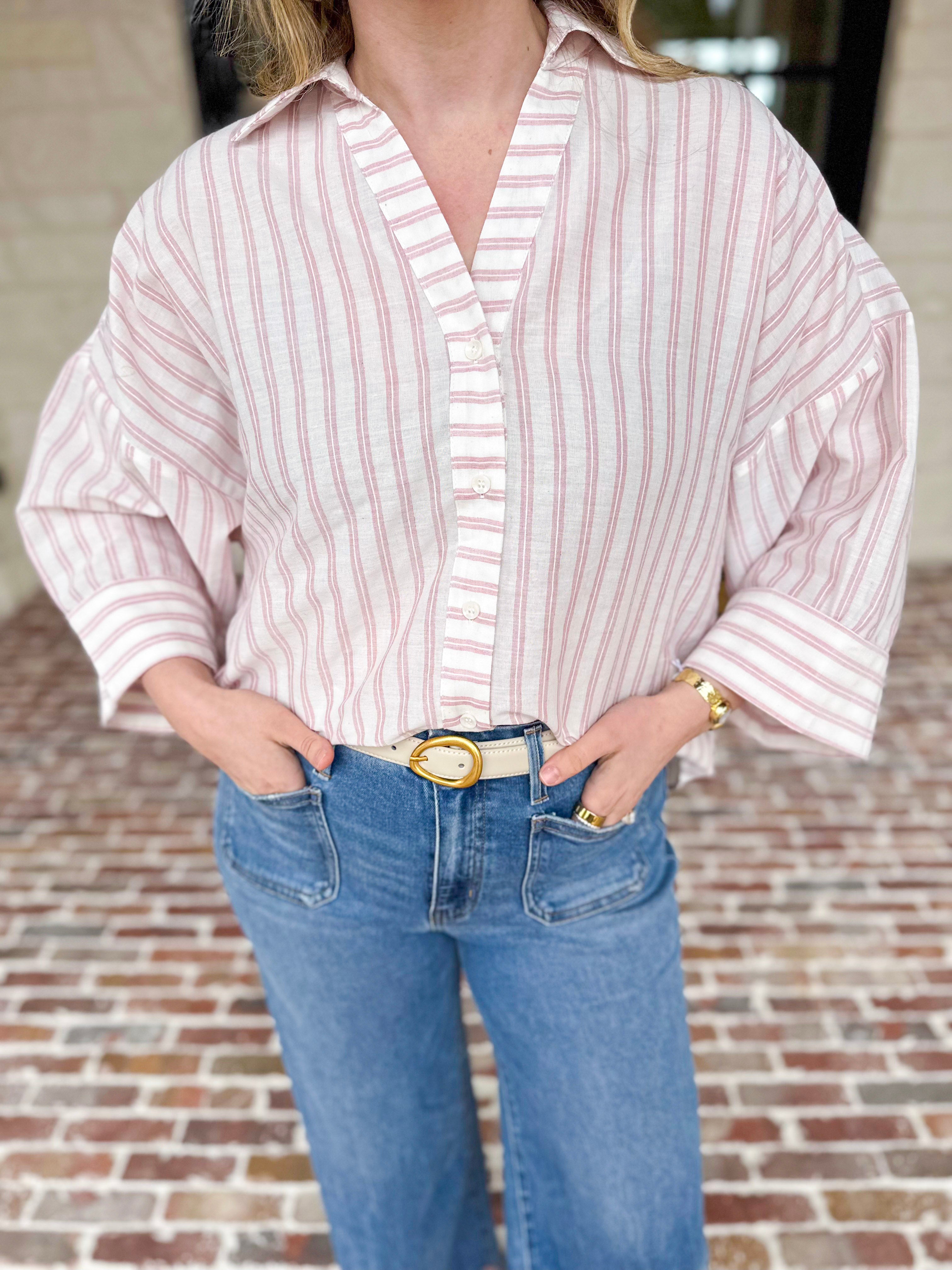 Comfy Coastal Button Down - Pink-200 Fashion Blouses-IN FEBRUARY-July & June Women's Fashion Boutique Located in San Antonio, Texas