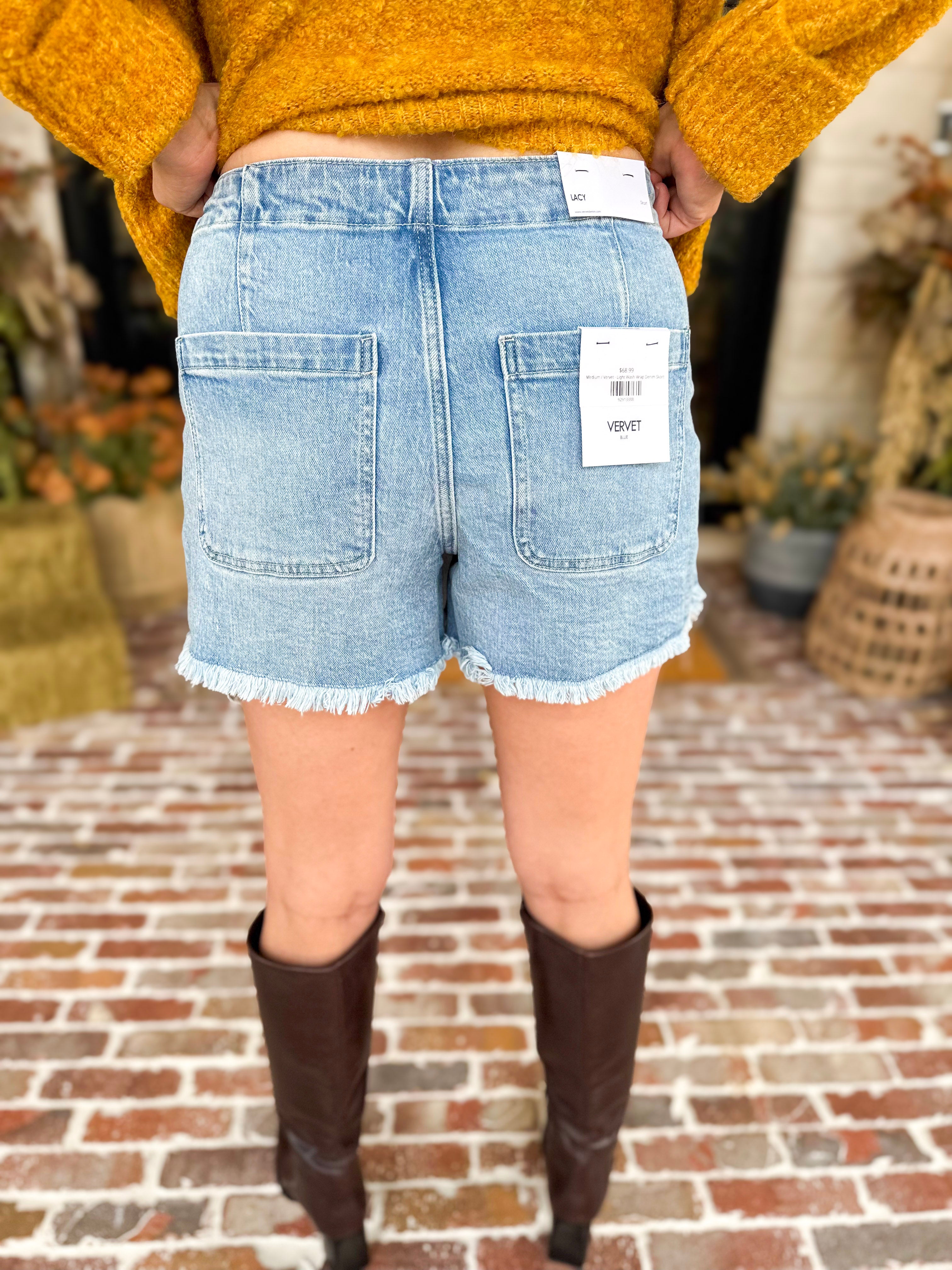 Vervet - Light Wash Wrap Denim Skort-410 Shorts/Skirts-VEVERT BY FLYING MONKEY-July & June Women's Fashion Boutique Located in San Antonio, Texas
