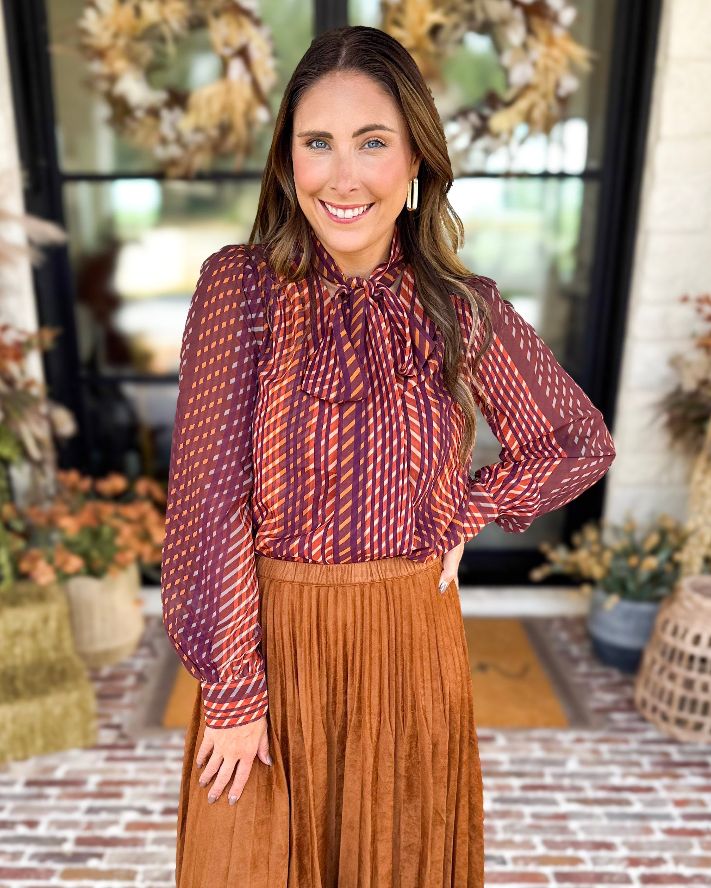 Liverpool - Fall Afterglow Neck Tie Blouse-200 Fashion Blouses-LIVERPOOL JEANS COMPANY-July & June Women's Fashion Boutique Located in San Antonio, Texas