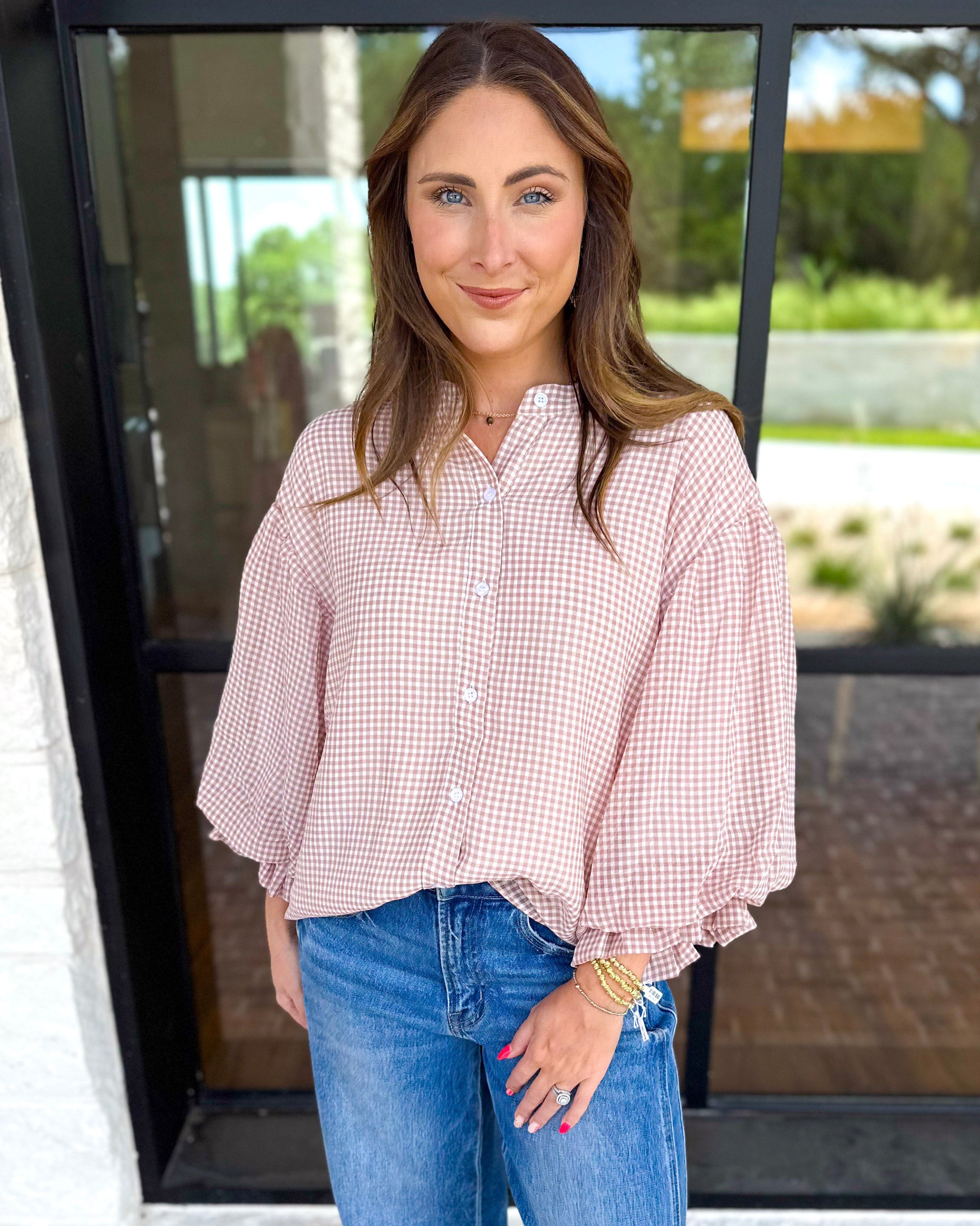 Breezy Gingham Blouse - Camel-200 Fashion Blouses-FATE-July & June Women's Fashion Boutique Located in San Antonio, Texas
