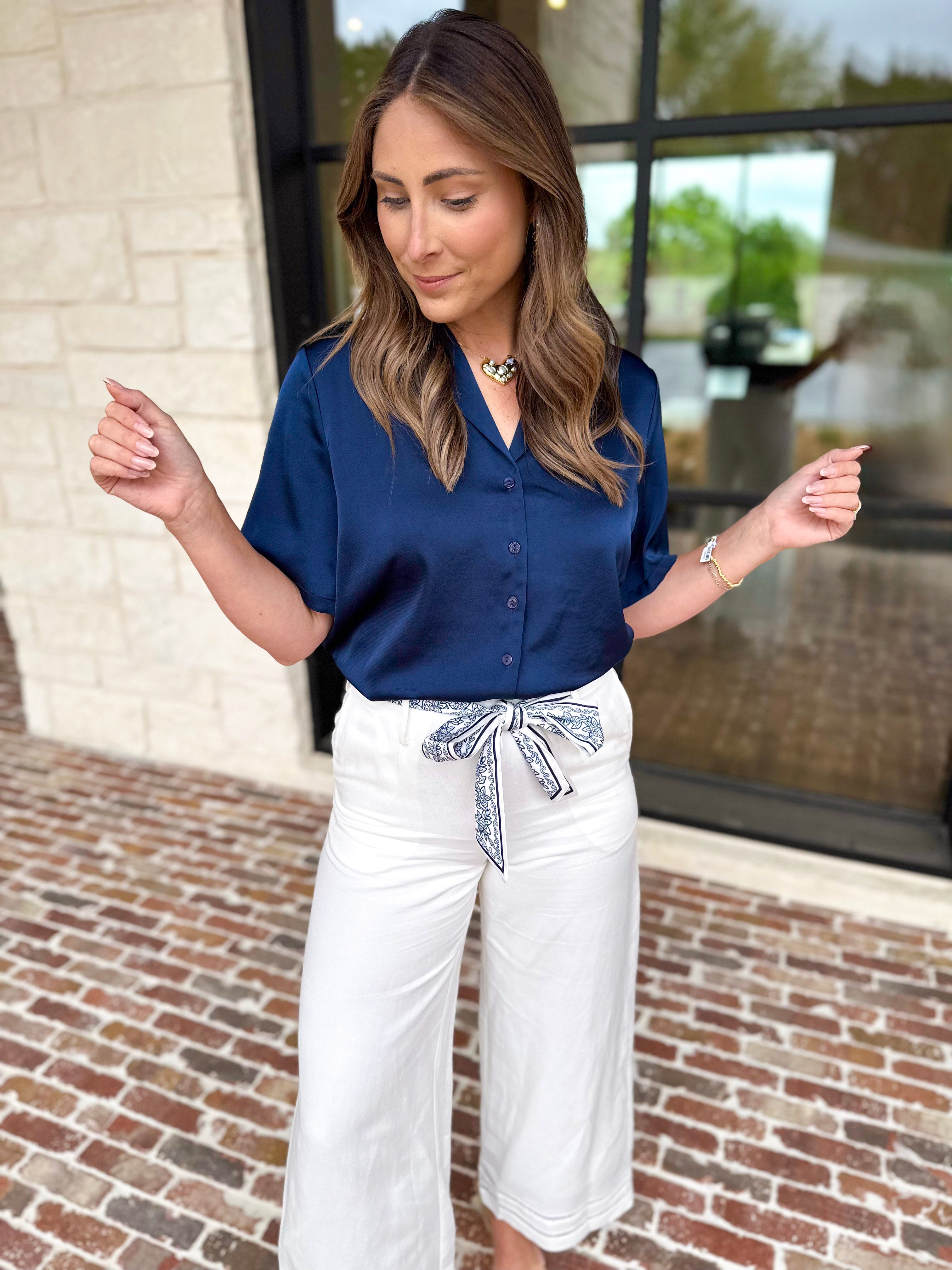 LIVERPOOL - Short Sleeve Satin Top - Navy-200 Fashion Blouses-LIVERPOOL JEANS COMPANY-July & June Women's Fashion Boutique Located in San Antonio, Texas