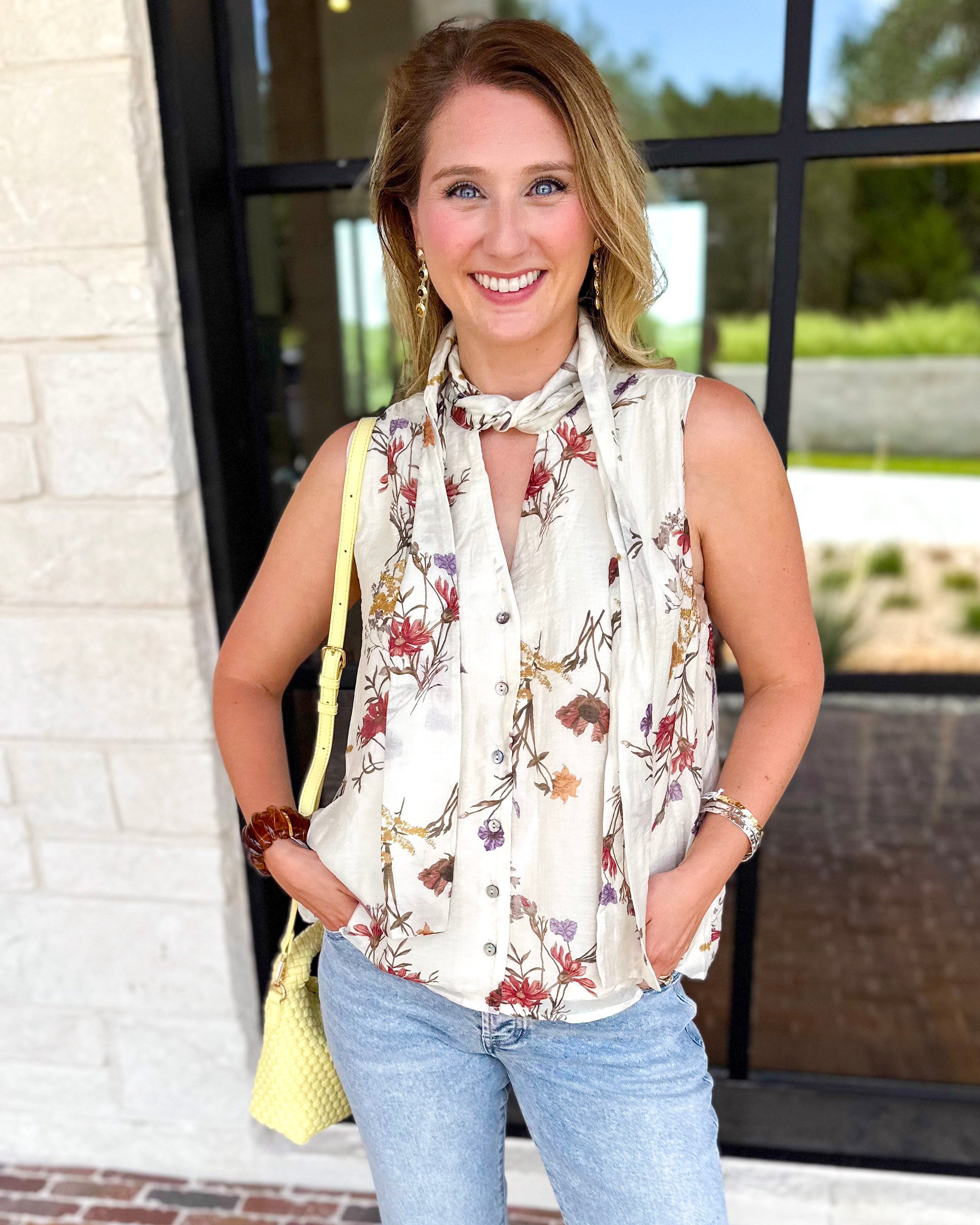Cream Floral Tank Blouse-200 Fashion Blouses-ENTRO-July & June Women's Fashion Boutique Located in San Antonio, Texas