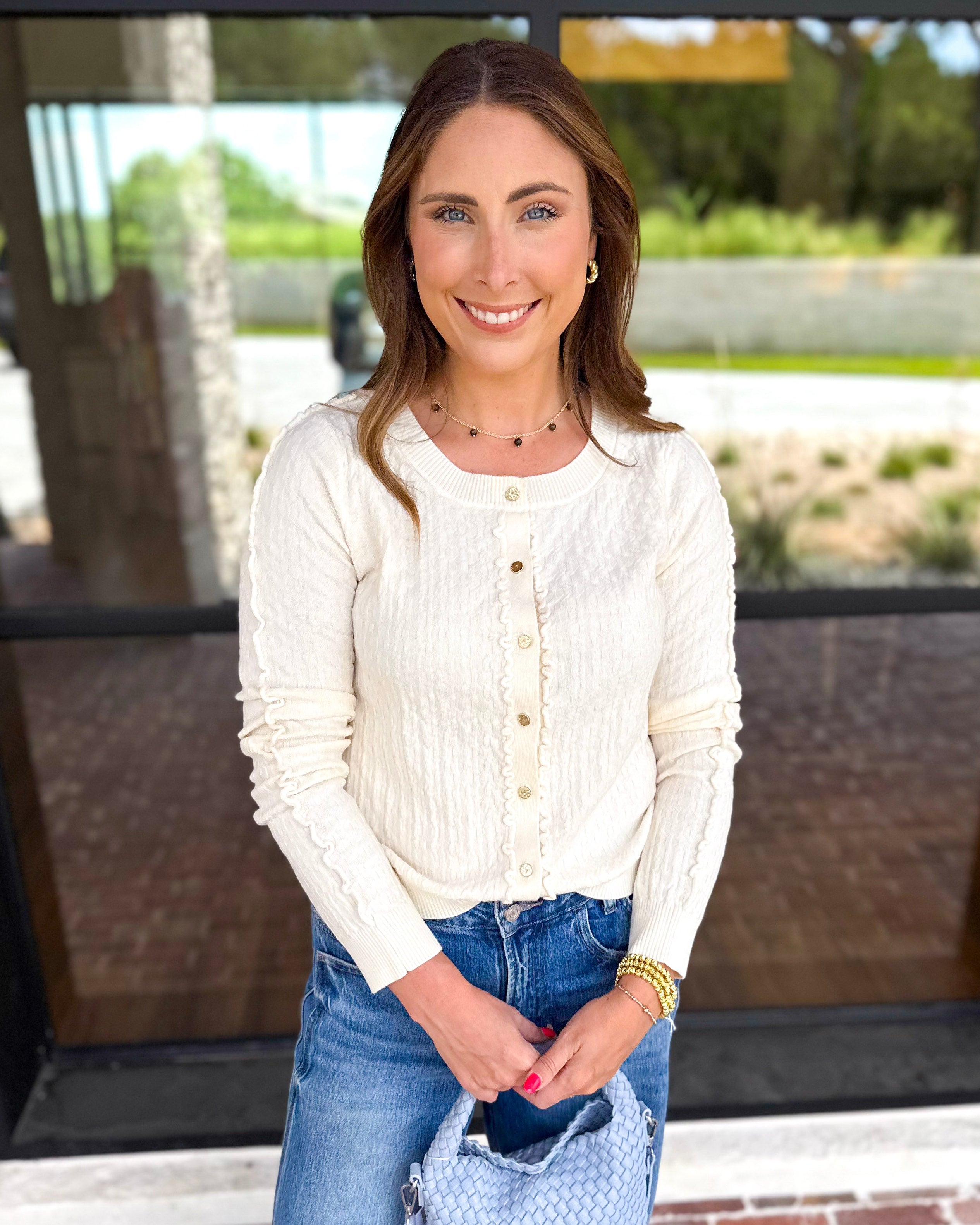 Liverpool - Feminine Ruffle Cardigan-230 Sweaters/Cardis-LIVERPOOL JEANS COMPANY-July & June Women's Fashion Boutique Located in San Antonio, Texas