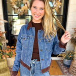 Suede Trim Denim Jacket-600 Outerwear-SKIES ARE BLUE-July & June Women's Fashion Boutique Located in San Antonio, Texas