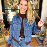 Suede Trim Denim Jacket-600 Outerwear-SKIES ARE BLUE-July & June Women's Fashion Boutique Located in San Antonio, Texas