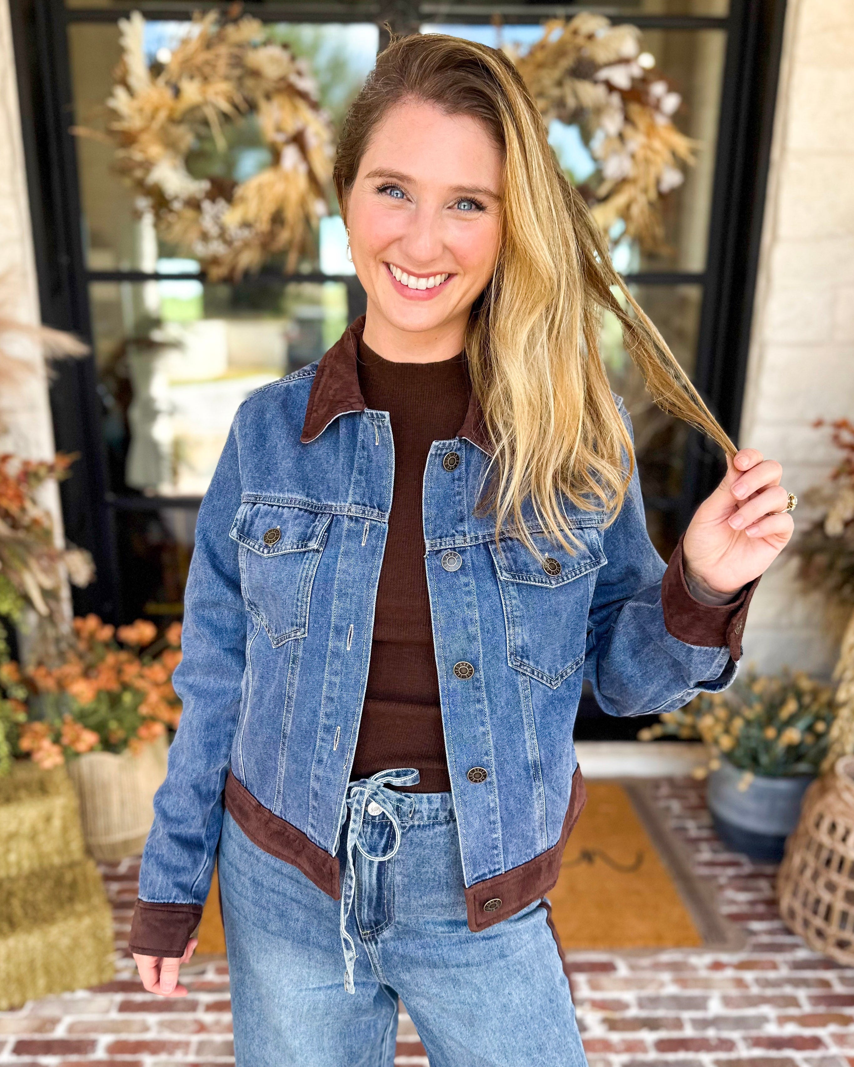 Suede Trim Denim Jacket-600 Outerwear-SKIES ARE BLUE-July & June Women's Fashion Boutique Located in San Antonio, Texas