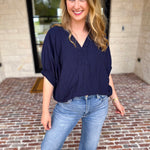 Braided Blouse - Navy-200 Fashion Blouses-ENTRO-July & June Women's Fashion Boutique Located in San Antonio, Texas