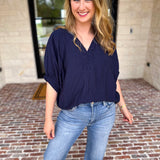 Braided Blouse - Navy-200 Fashion Blouses-ENTRO-July & June Women's Fashion Boutique Located in San Antonio, Texas