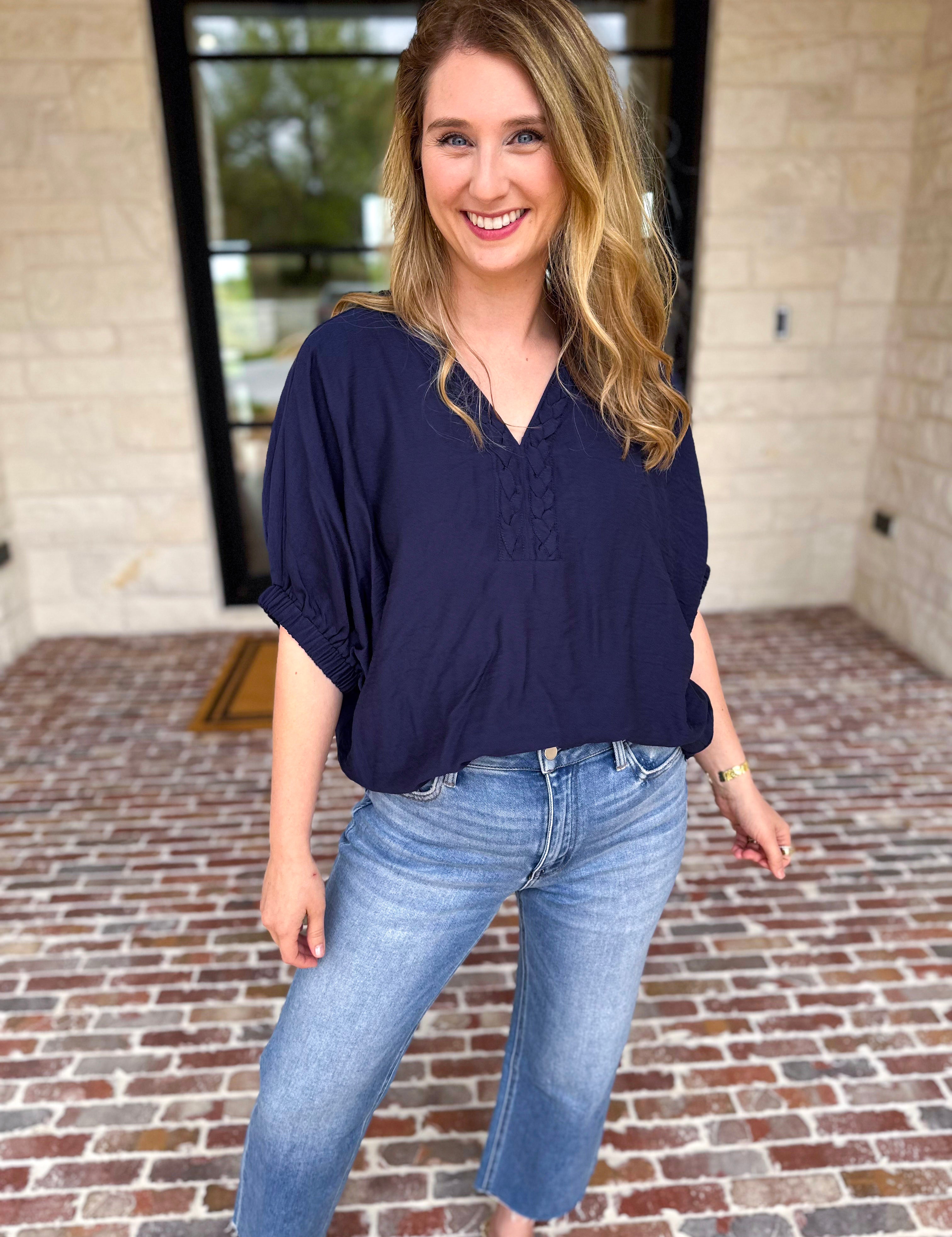 Braided Blouse - Navy-200 Fashion Blouses-ENTRO-July & June Women's Fashion Boutique Located in San Antonio, Texas